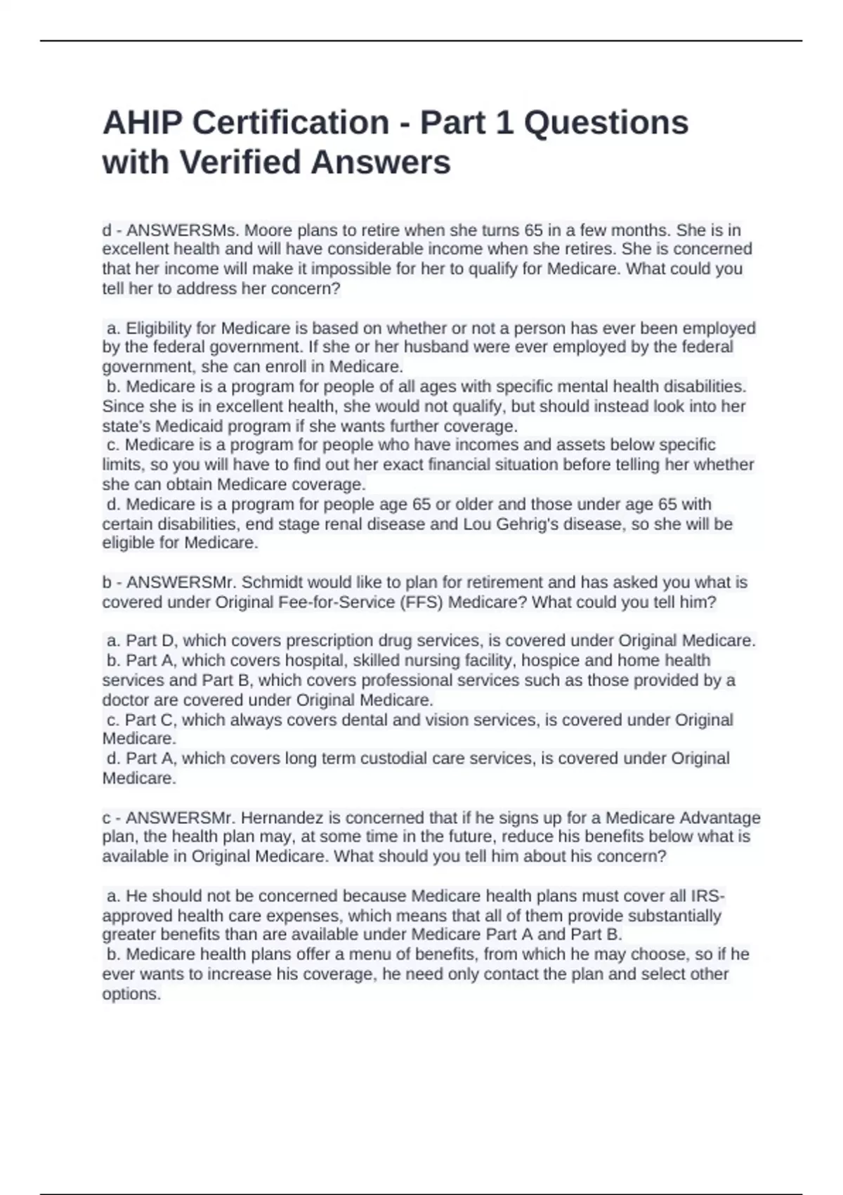 AHIP Certification - Part 1 Questions with Verified Answers - AHIP ...