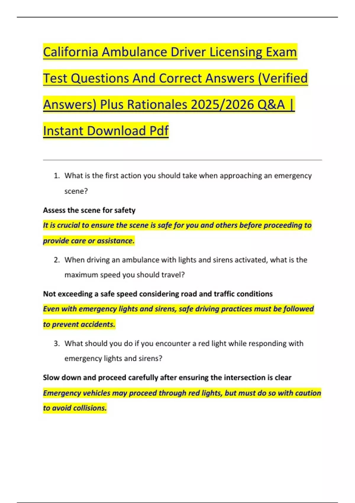 Ambulance Driver Handbook.pdf California Ambulance Driver Licensing Exam Test Questions And Correct ...