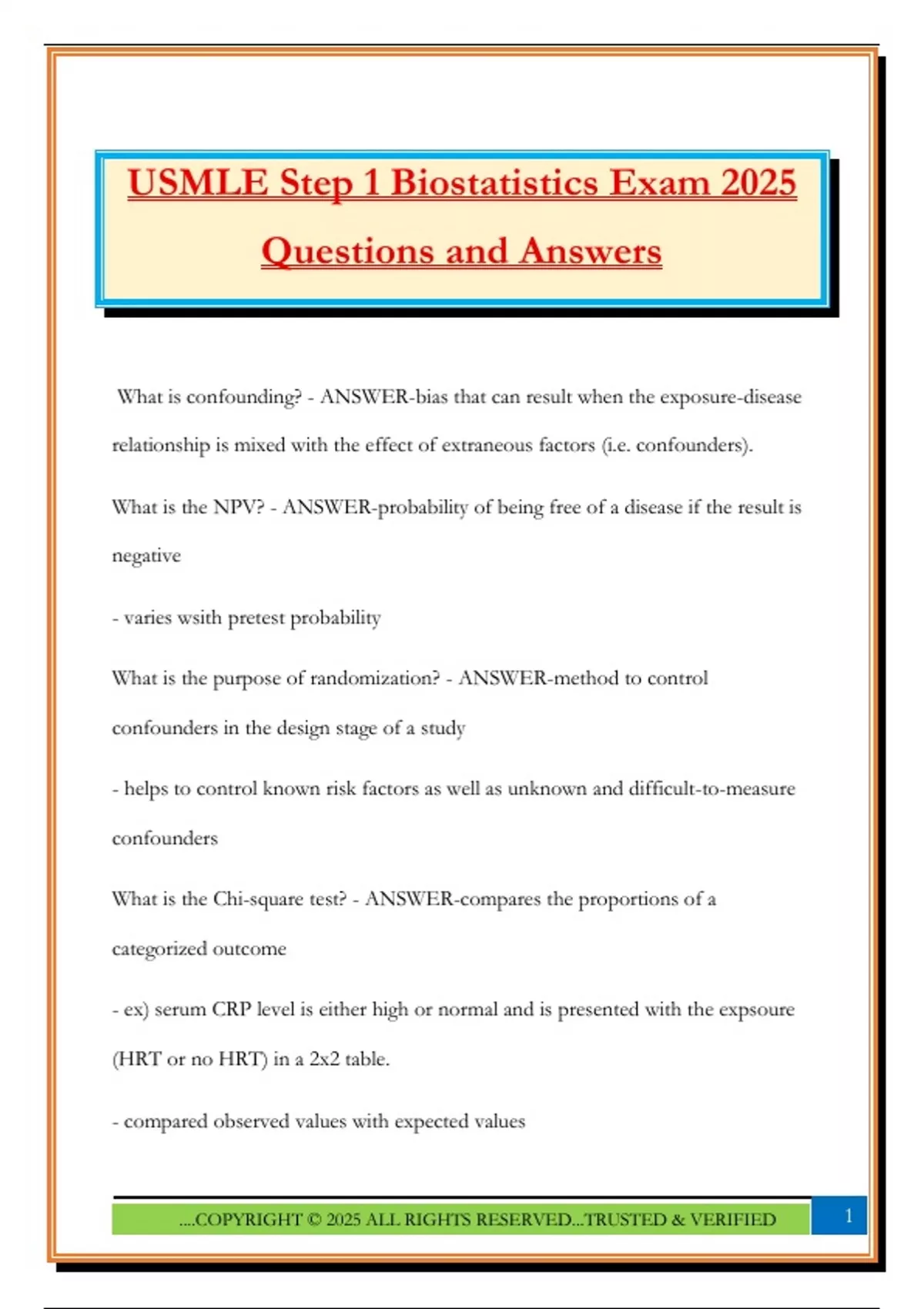 USMLE Step 1 Biostatistics Exam 2025 Questions and Answers - USMLE ...