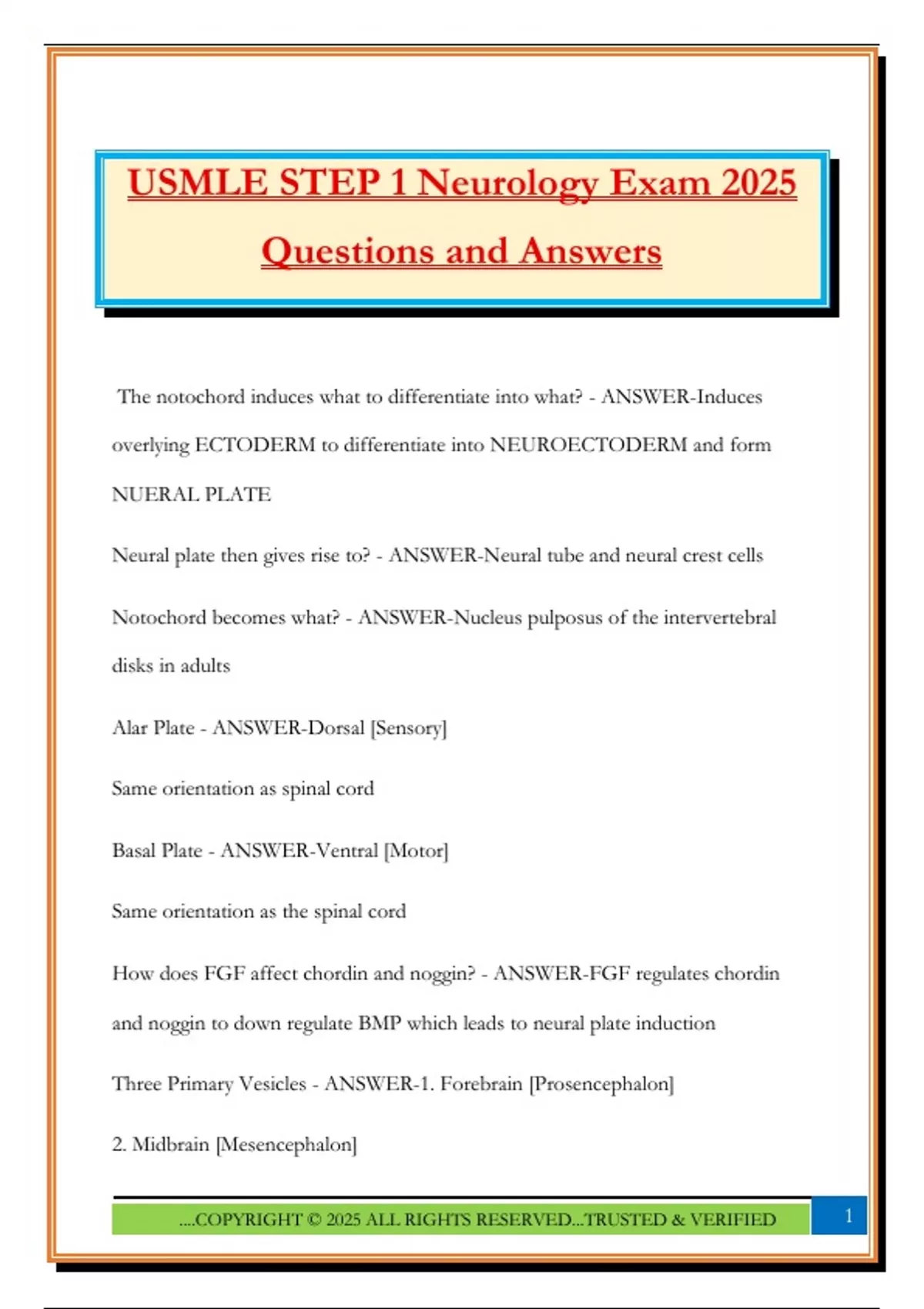 USMLE STEP 1 Neurology Exam 2025 Questions and Answers - USMLE - Stuvia US