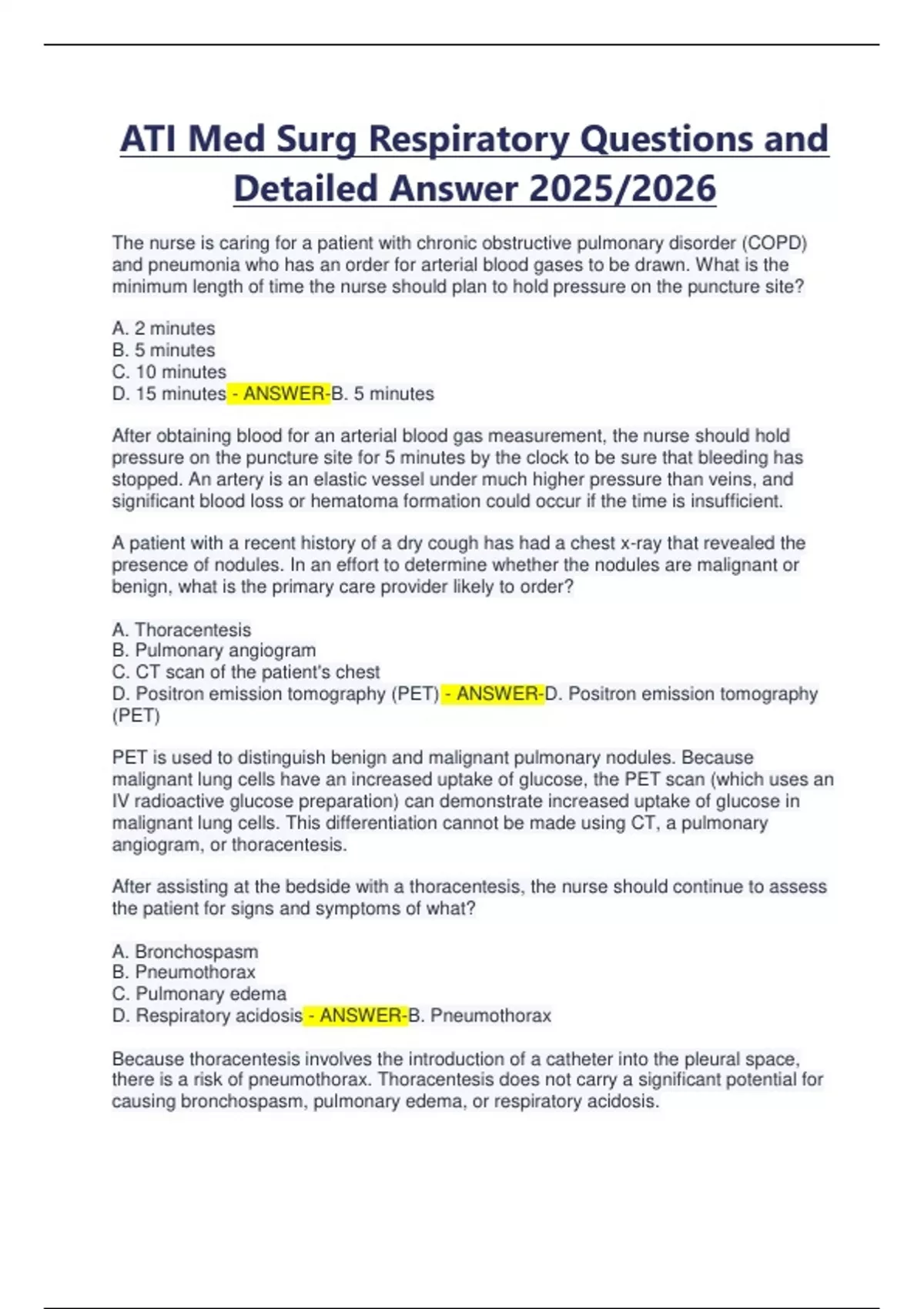ATI Med Surg Respiratory Questions and Detailed Answer 2025 - Medical ...