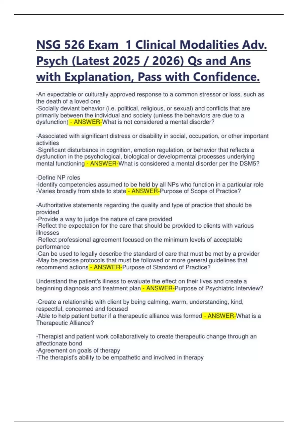 NSG 526 Exam 1 Clinical Modalities Adv. Psych (Latest 2025 / 2026) Qs ...