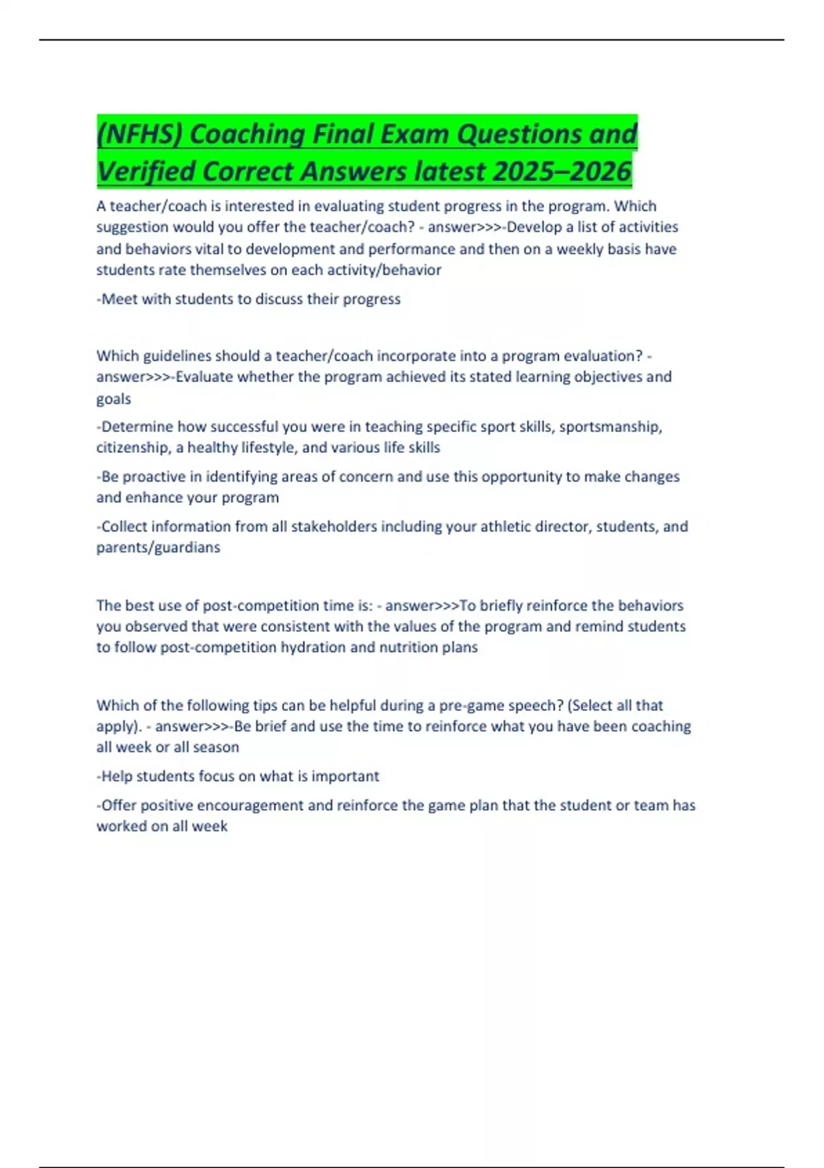 Nfhs Questionnaire.pdf (NFHS) Coaching Final Exam Questions and Verified Correct Answers ...