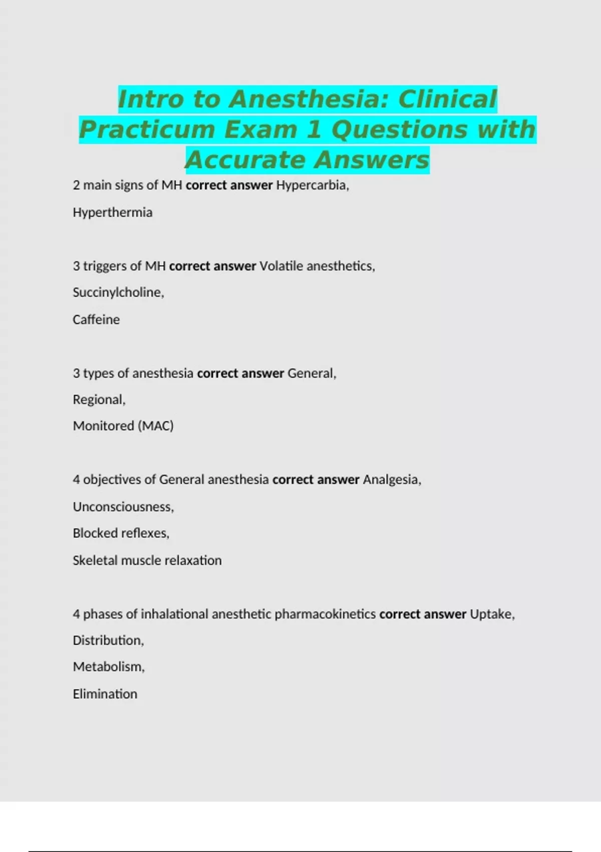 Intro to Anesthesia: Clinical Practicum Exam 1 Questions with Accurate ...
