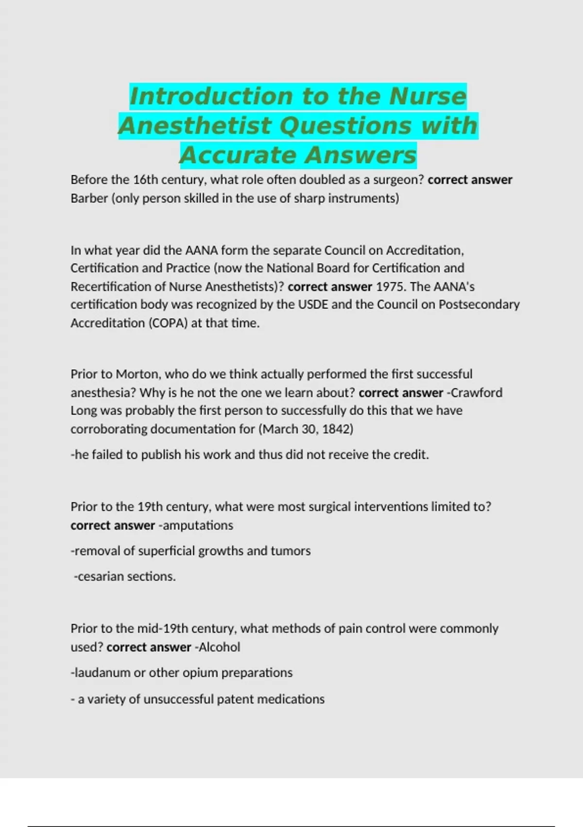 Introduction to the Nurse Anesthetist Questions with Accurate Answers ...