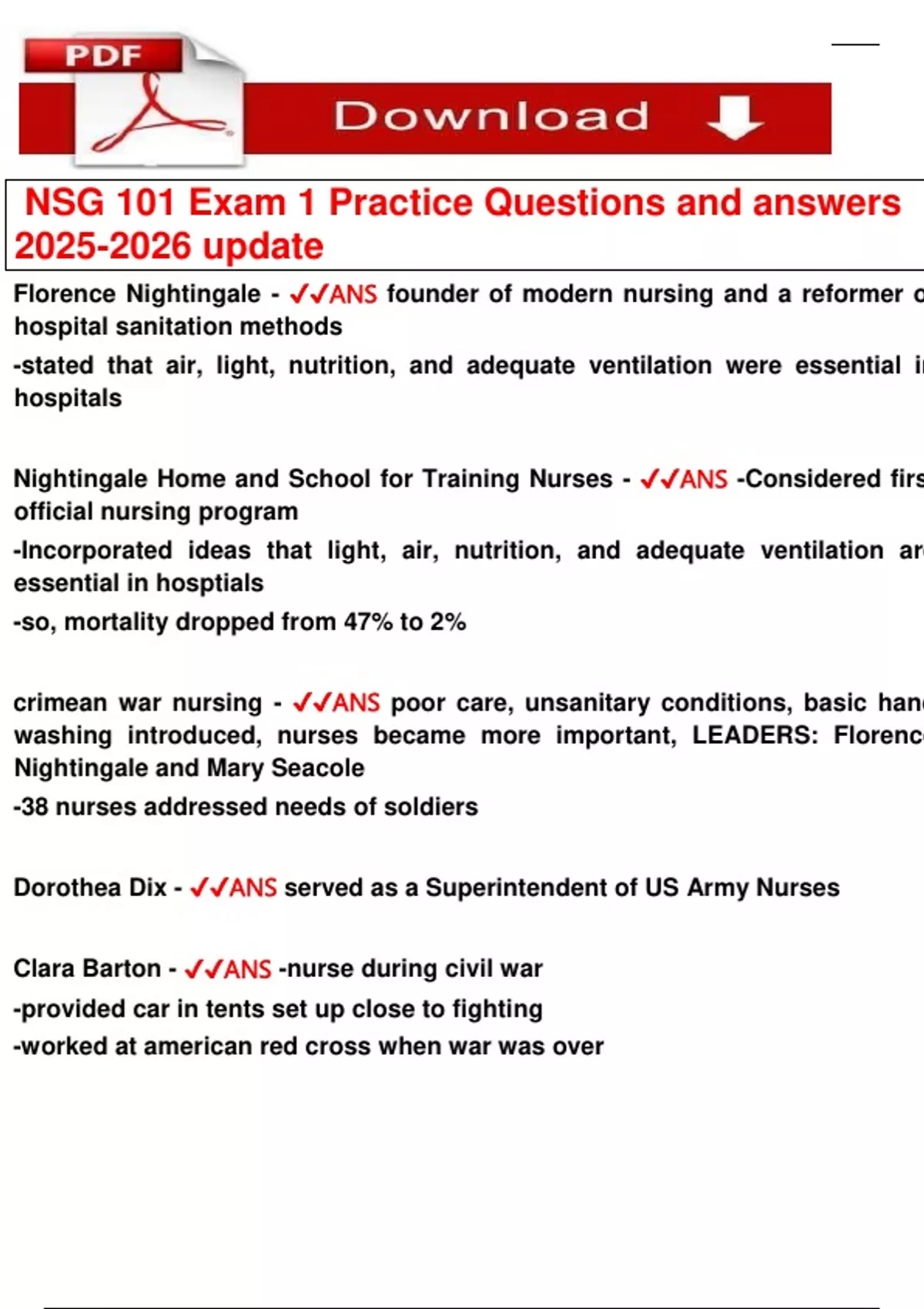 NSG 101 Exam 1 Practice Questions and answers update - NSG 101 - Stuvia US