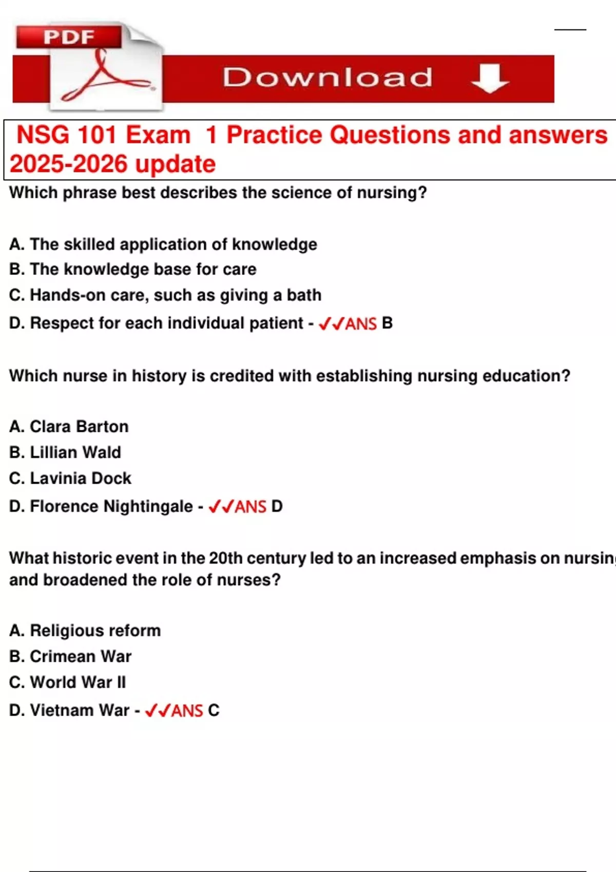 NSG 101 Exam 1 Practice Questions and answers update - NSG 101 - Stuvia US