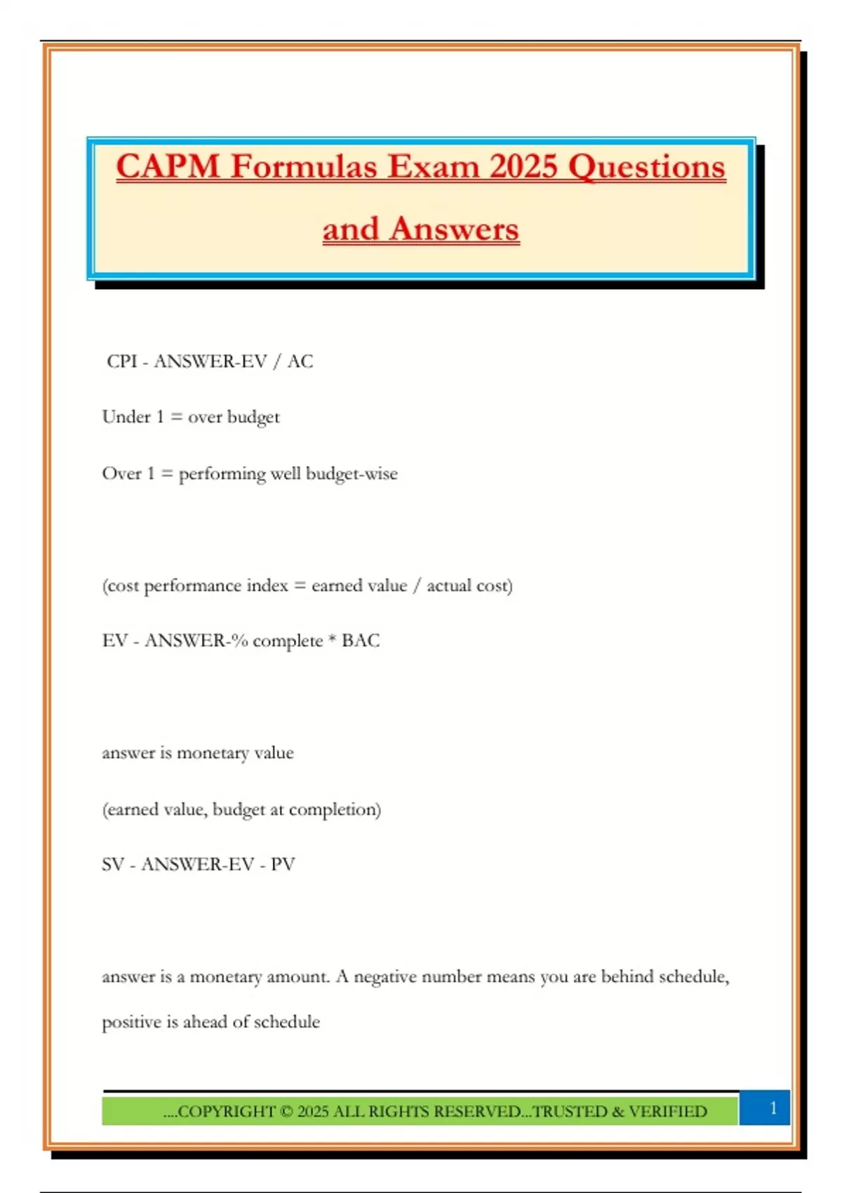 CAPM Formulas Exam 2025 Questions and Answers - CAPM - Stuvia US