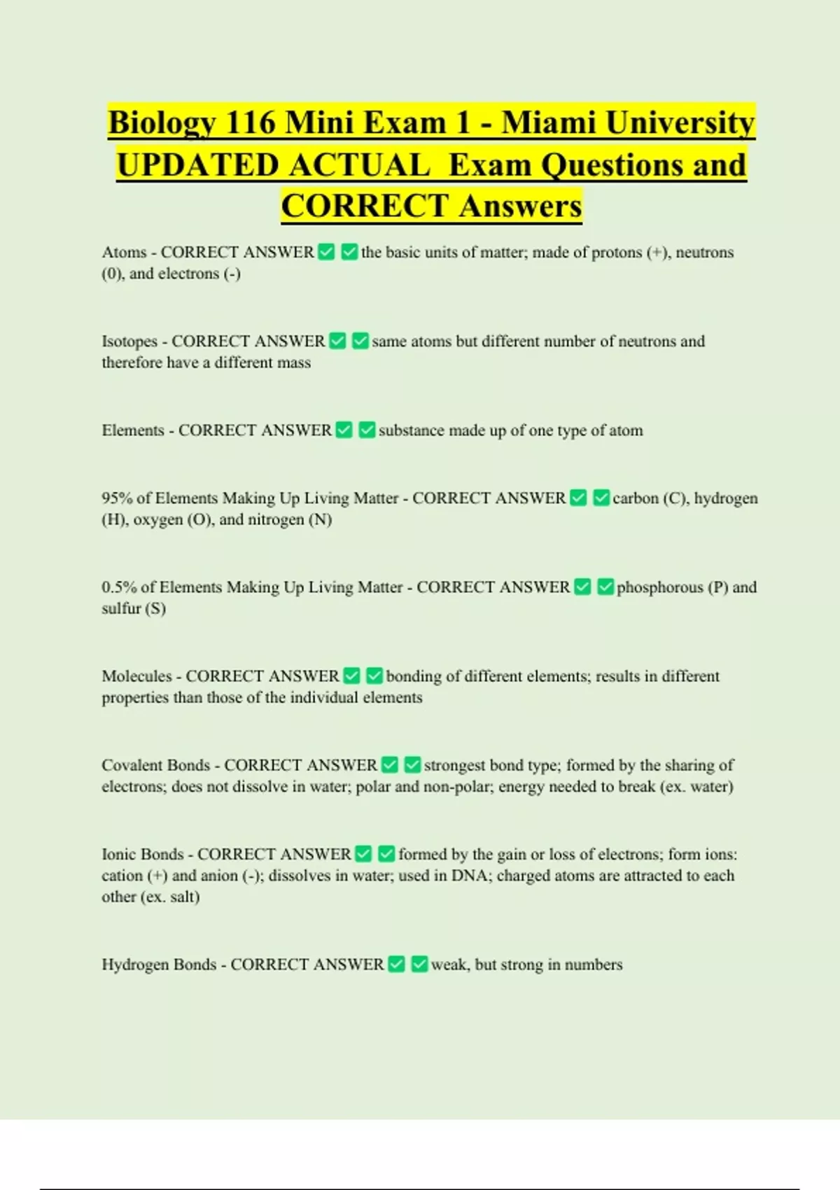 Biology 116 Mini Exam 1 - Miami University UPDATED ACTUAL Exam ...