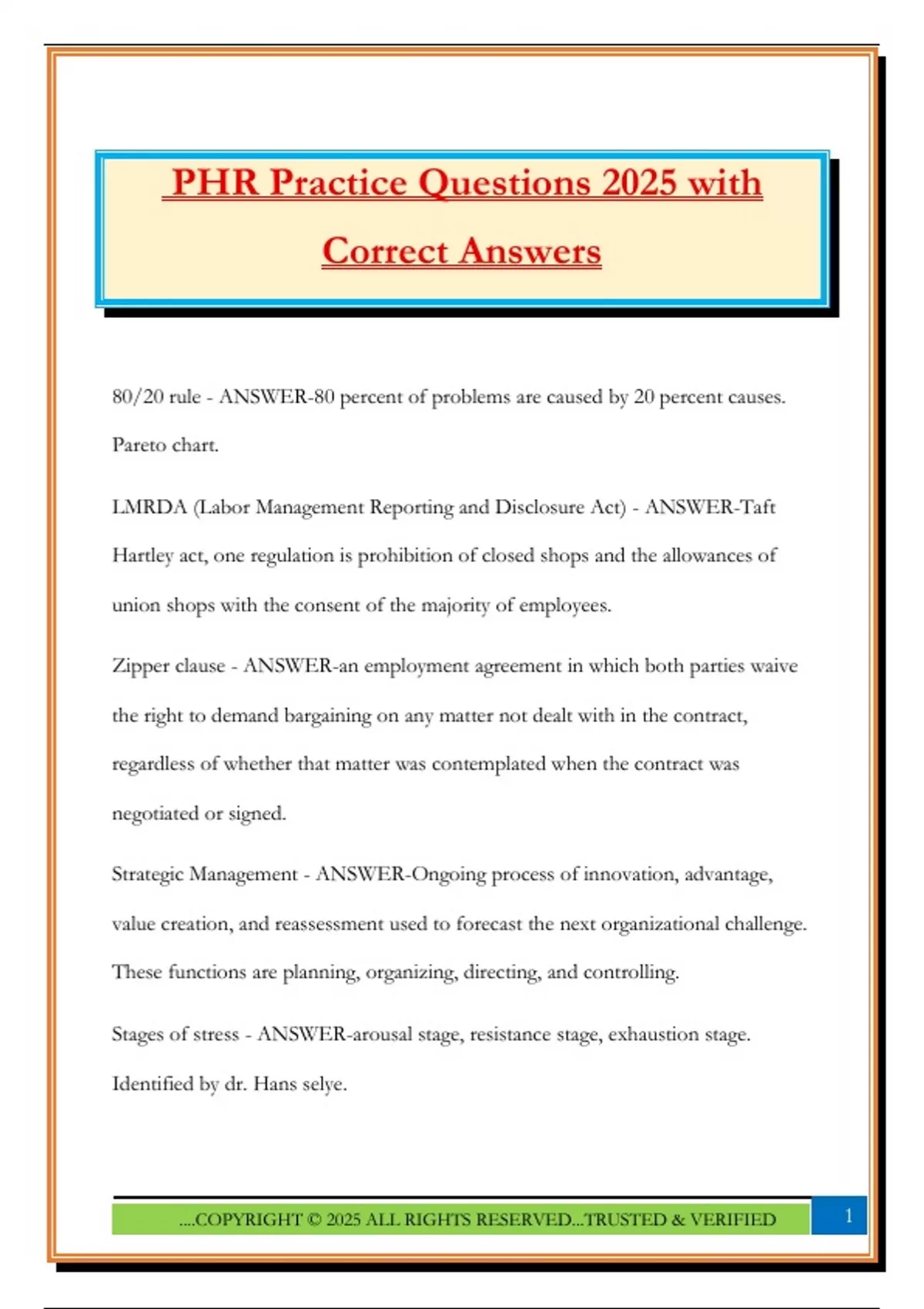 PHR Practice Questions 2025 with Correct Answers - PHR - Stuvia US
