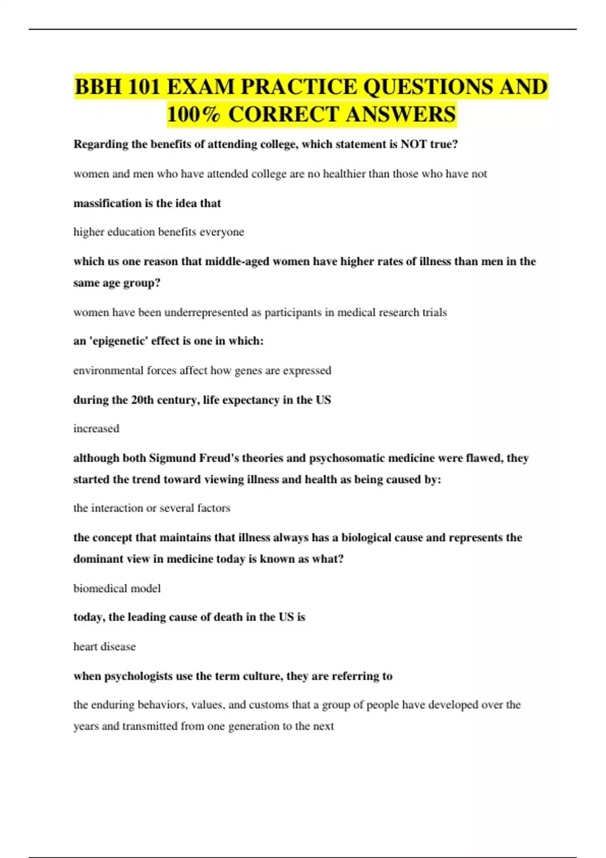 BBH 101 EXAM PRACTICE QUESTIONS AND 100% CORRECT ANSWERS - BBH 101 ...