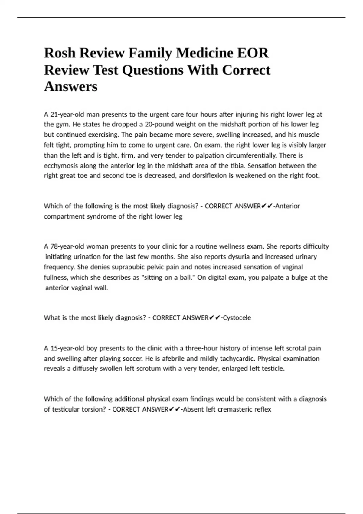Rosh Review Family Medicine EOR Review Test Questions With Correct ...