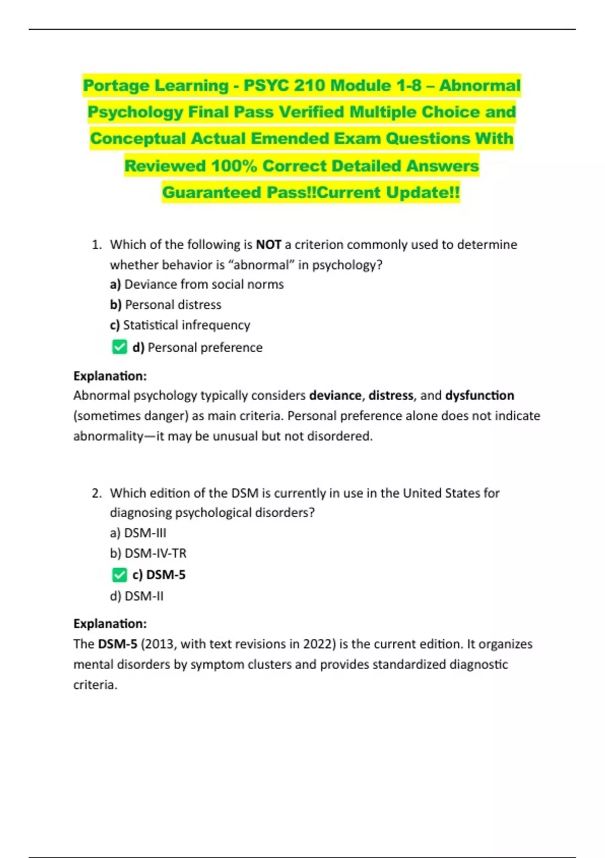 Portage Learning - PSYC 210 Module 1-8 – Abnormal Psychology Final Pass ...