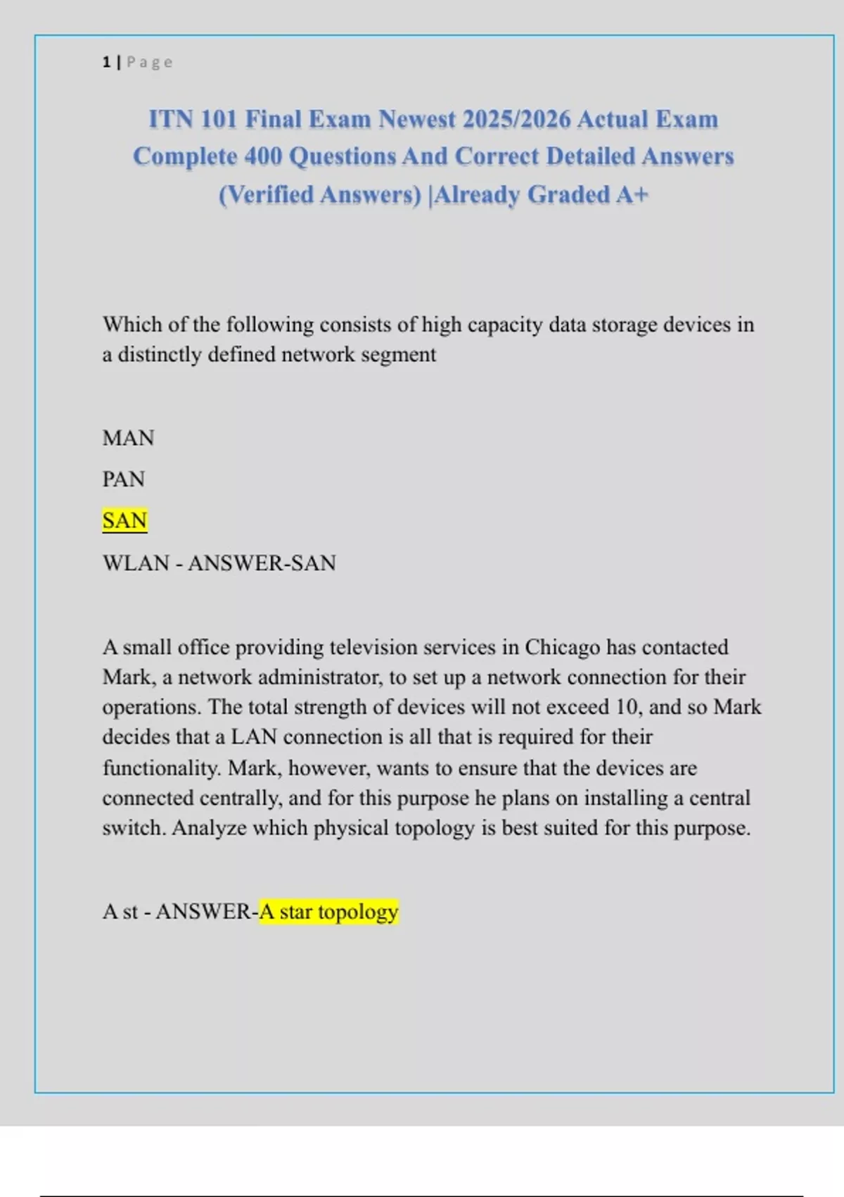 ITN 101 Final Exam Newest 2025/2026 Actual Exam Complete 400 Questions ...