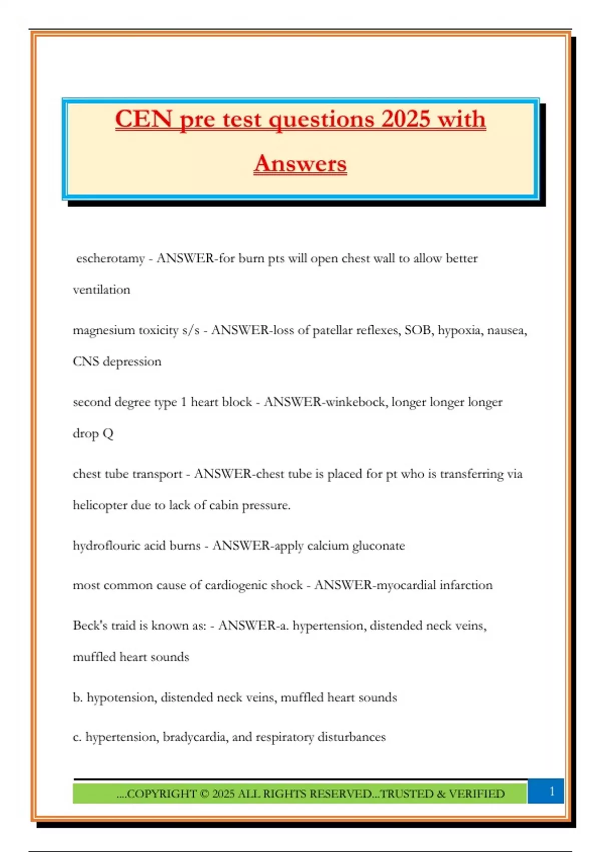 CEN pre test questions 2025 with Answers - CEN - Stuvia US