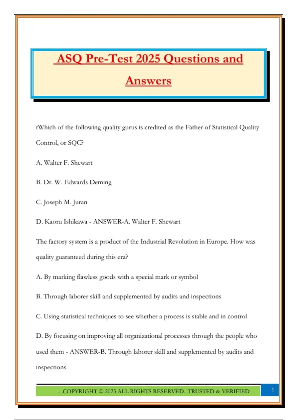 ASQ Pre-Test 2025 Questions and Answers - ASQ - Stuvia US