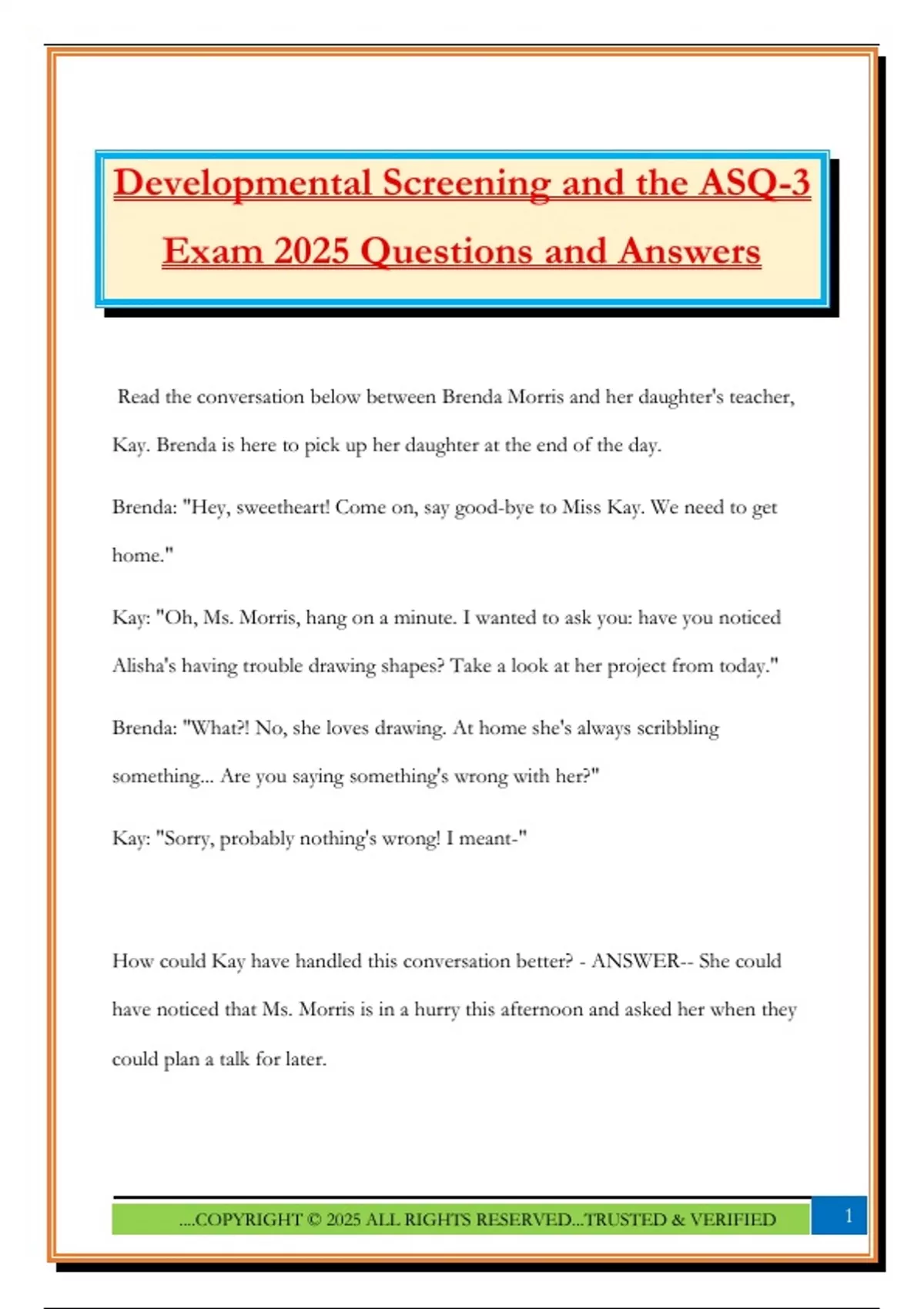 Developmental Screening and the ASQ-3 Exam 2025 Questions and Answers ...