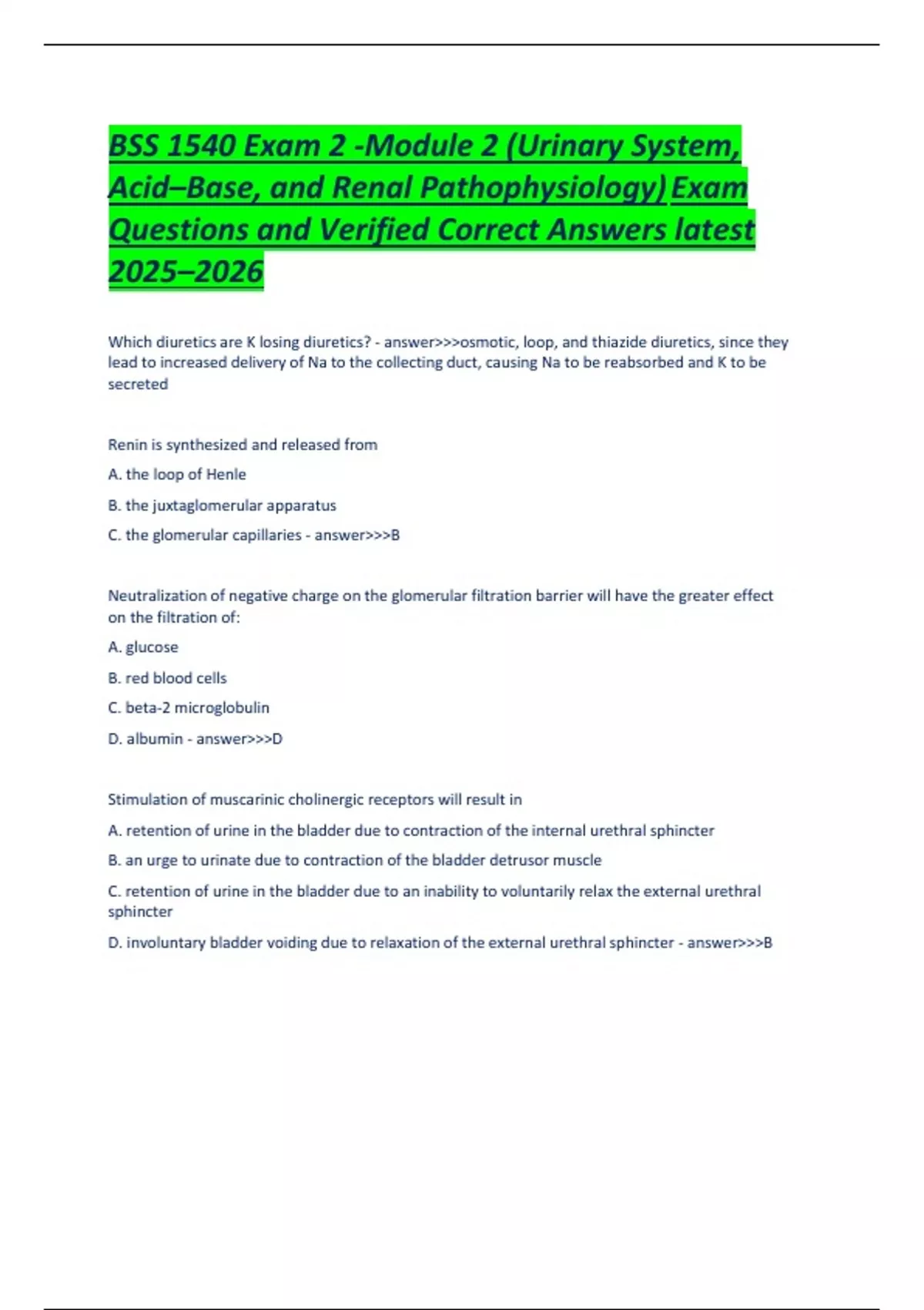 BSS 1540 Exam 2 -Module 2 (Urinary System, Acid–Base, and Renal ...