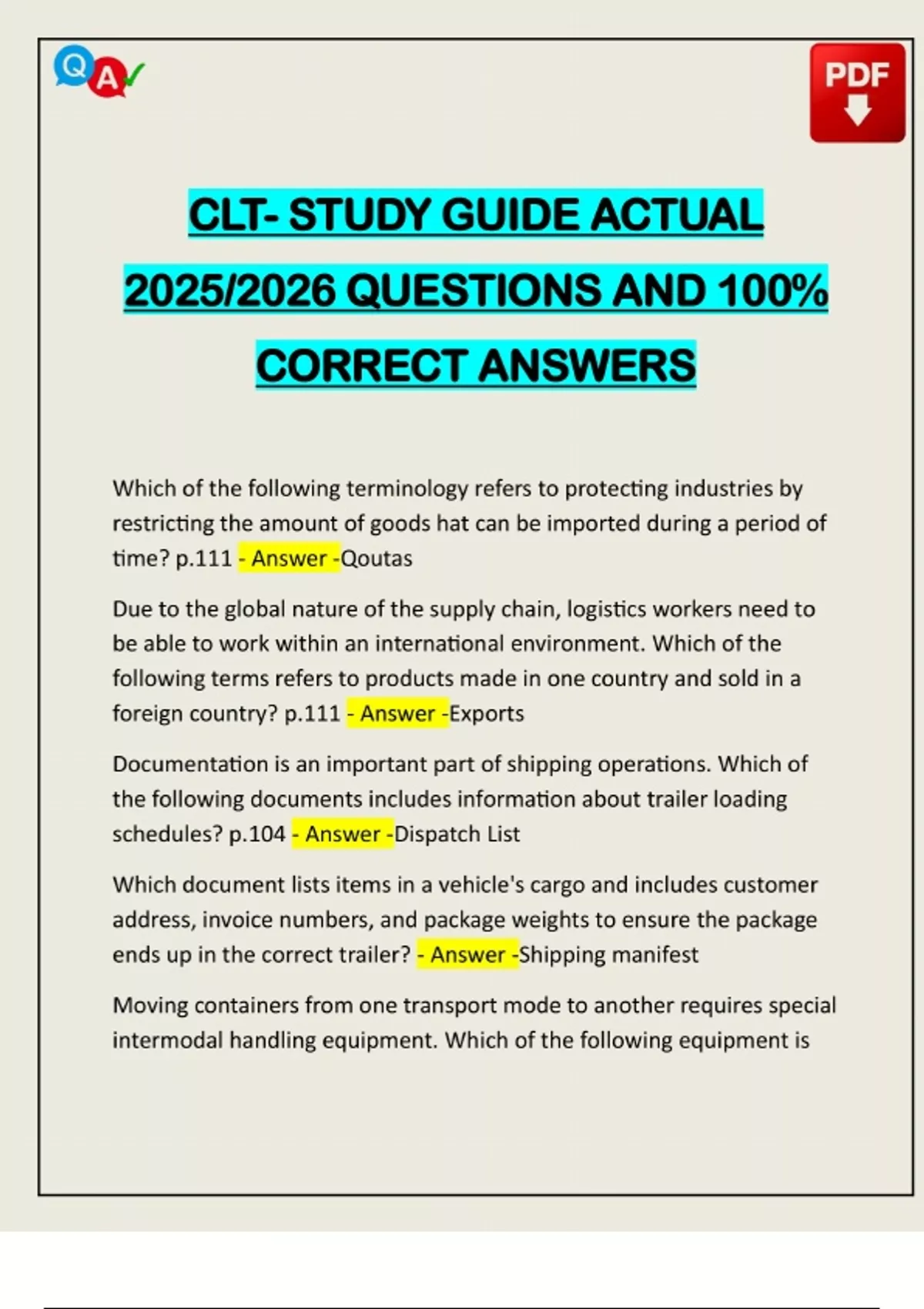 Clt Math Study Guide CLT- STUDY GUIDE ACTUAL 2025/2026 QUESTIONS AND 100% CORRECT ANSWERS ...