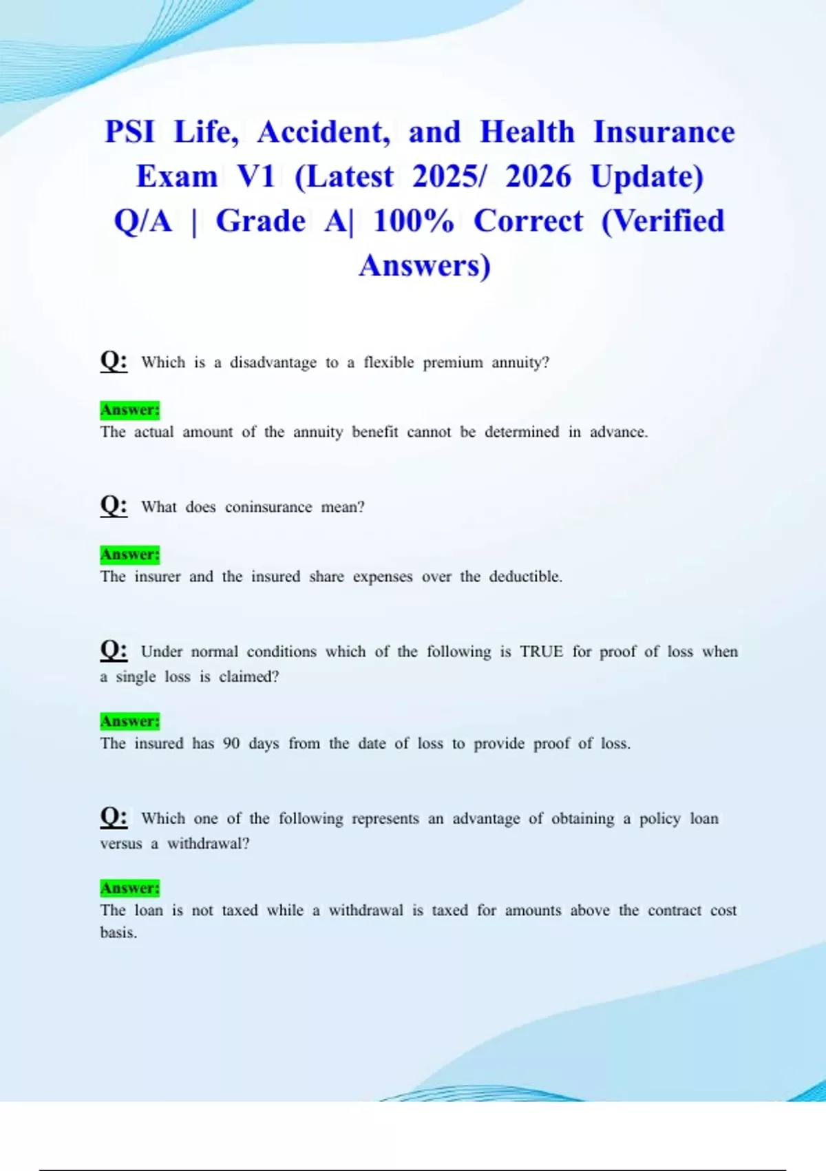 PSI Life, Accident, and Health Insurance Exam V1 (Latest 2025/ 2026 ...