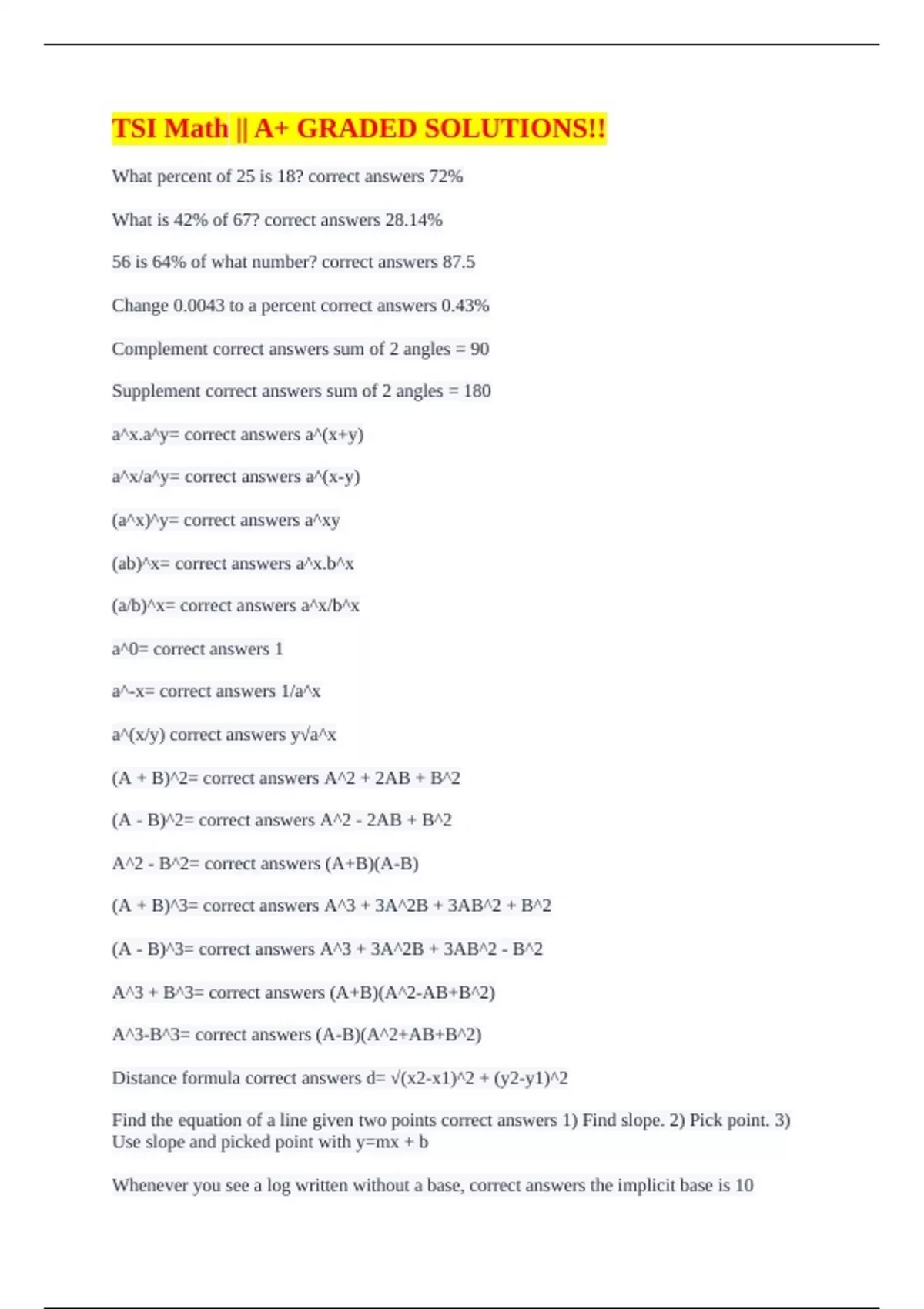 TSI Math || A+ GRADED SOLUTIONS!! - TSI Math - Stuvia US