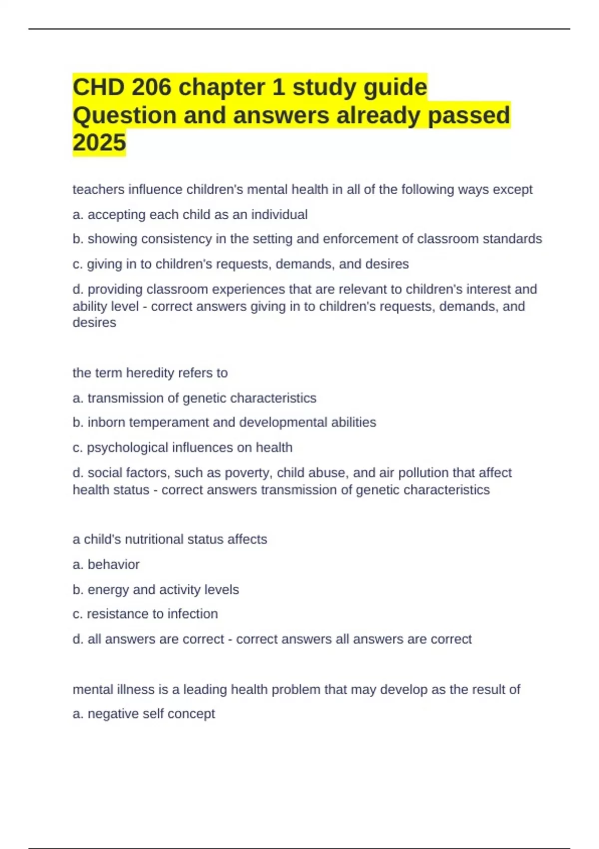 CHD 206 chapter 1 study guide Question and answers already passed 2025 ...