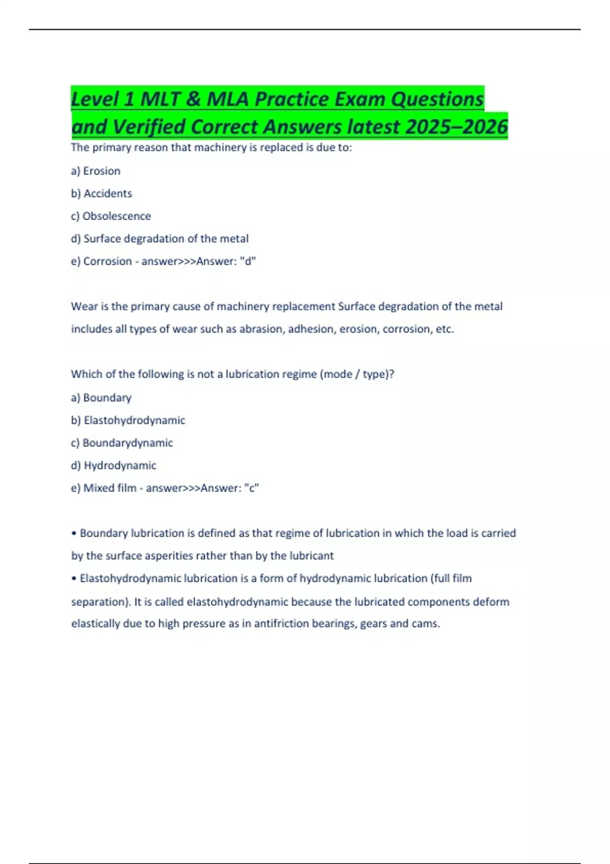 Mlt Comprehensive Exam Question Examples Level 1 MLT & MLA Practice Exam Questions and Verified Correct Answers ...