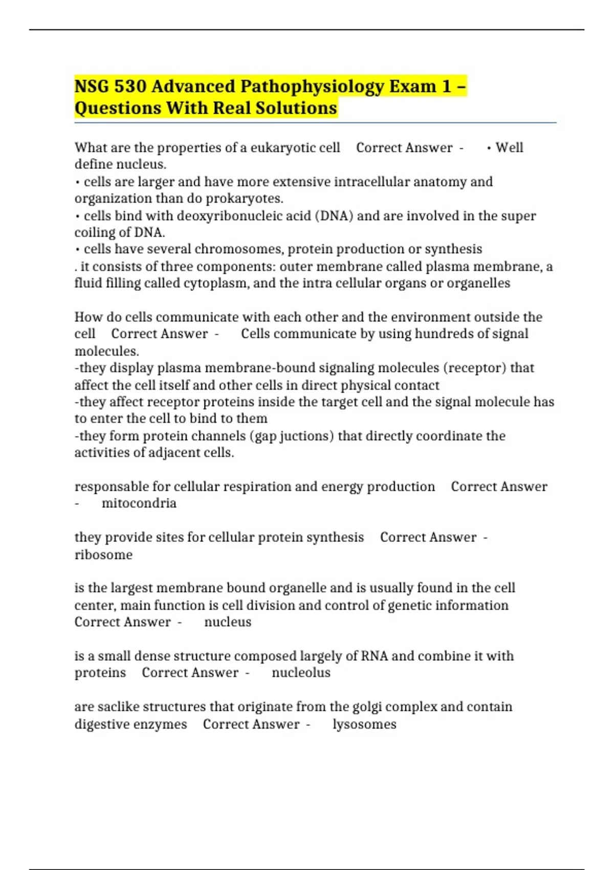 NSG 530 Advanced Pathophysiology Exam 1 – Questions With Real Solutions ...