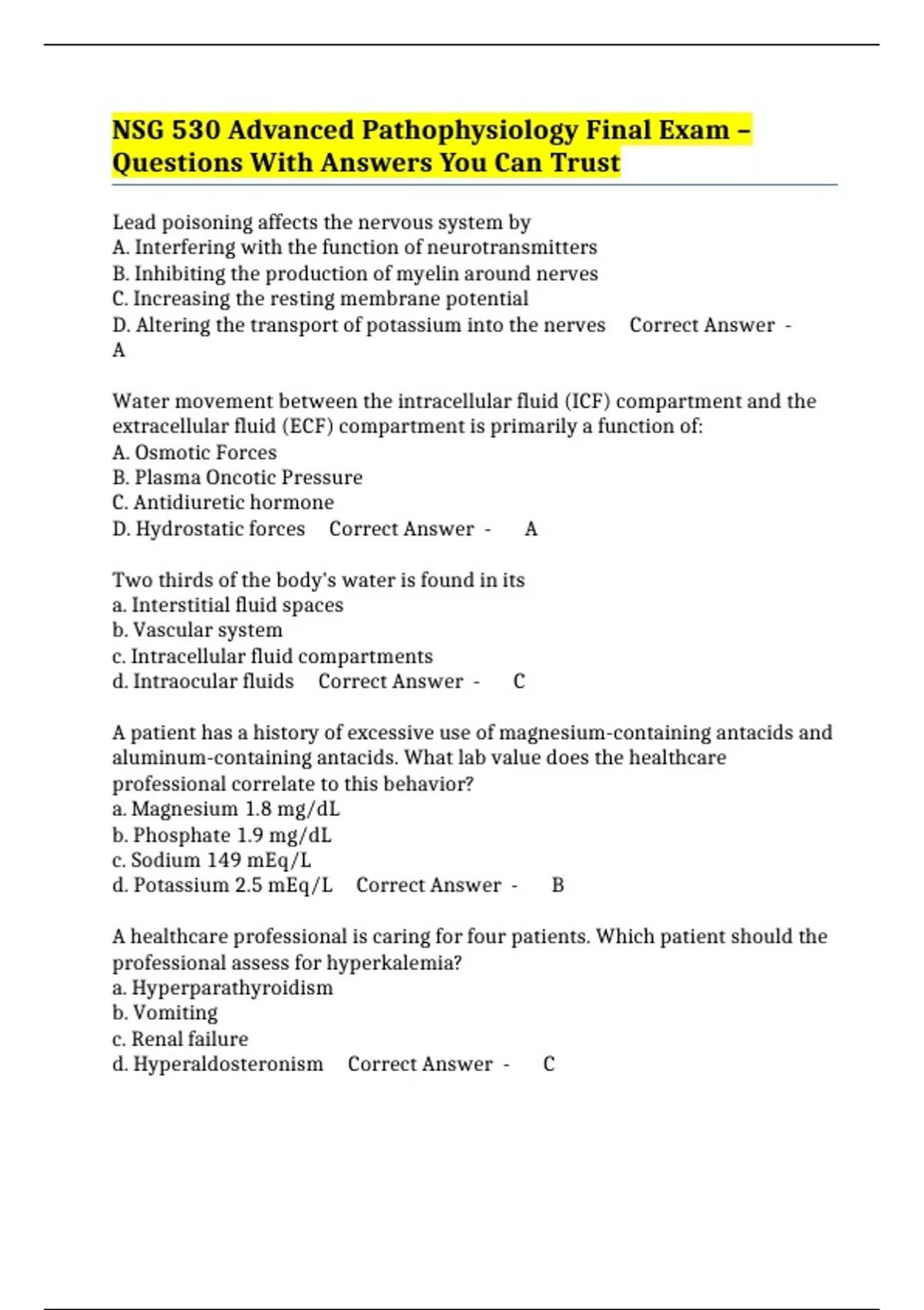 NSG 530 Advanced Pathophysiology Final Exam –Questions With Answers You ...