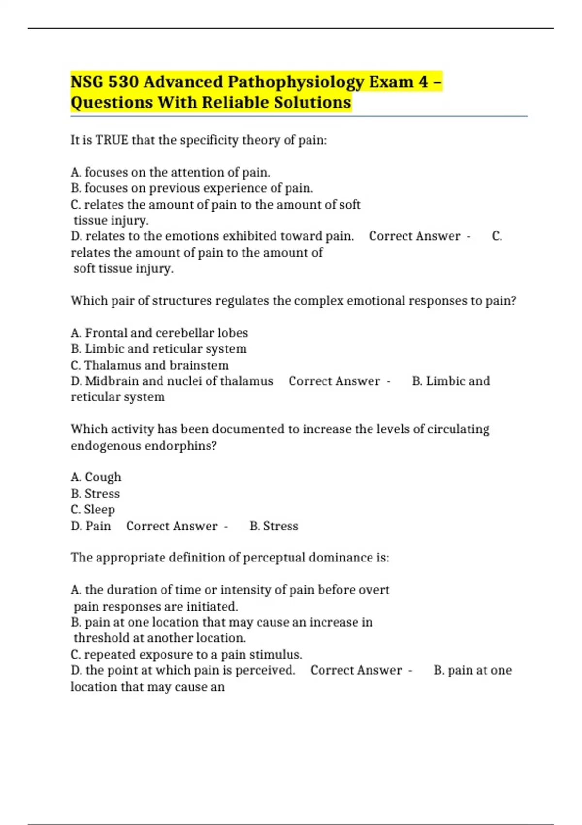 NSG 530 Advanced Pathophysiology Exam 4 – Questions With Reliable ...