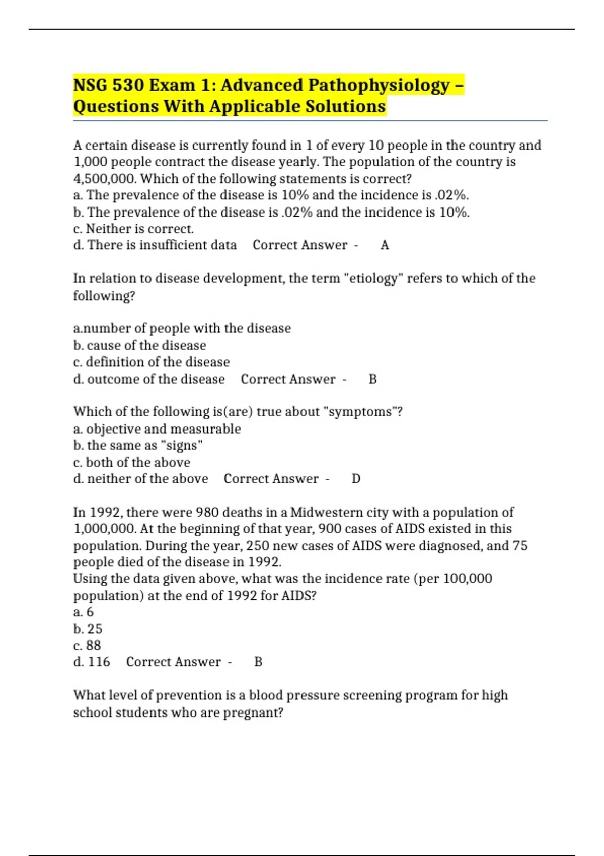 NSG 530 Exam 1: Advanced Pathophysiology – Questions With Applicable ...