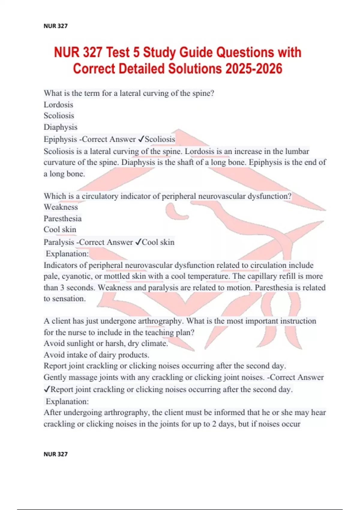 NUR 327 Test 5 Study Guide Questions with Correct Detailed Solutions ...