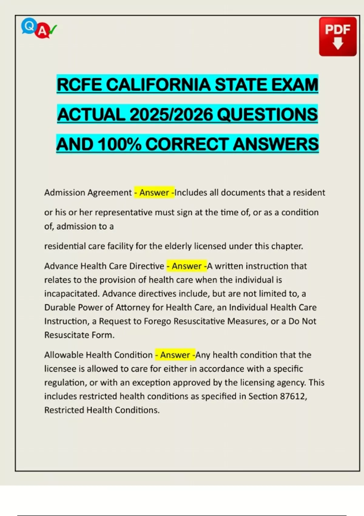 RCFE CALIFORNIA STATE EXAM ACTUAL 2025/2026 QUESTIONS AND 100% CORRECT ...