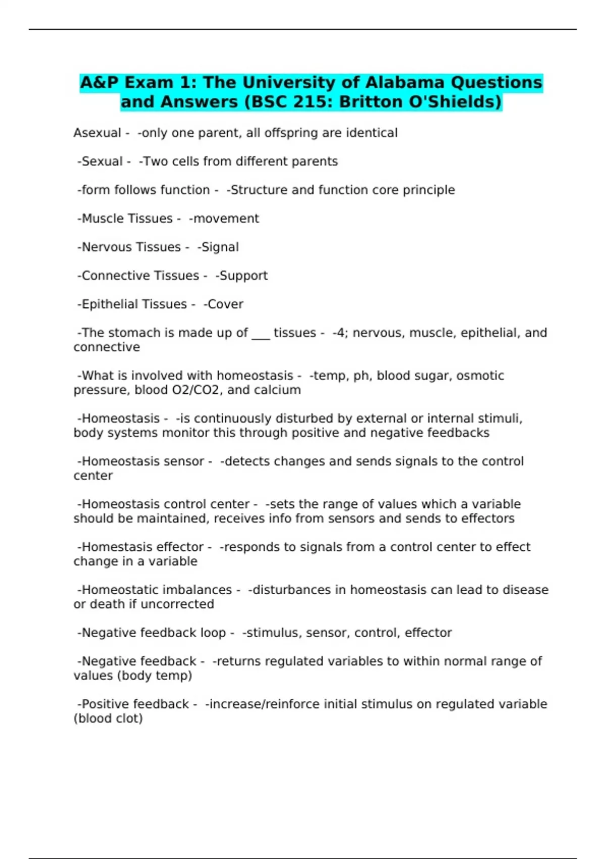 A&P Exam 1: The University of Alabama Questions and Answers (BSC 215 ...