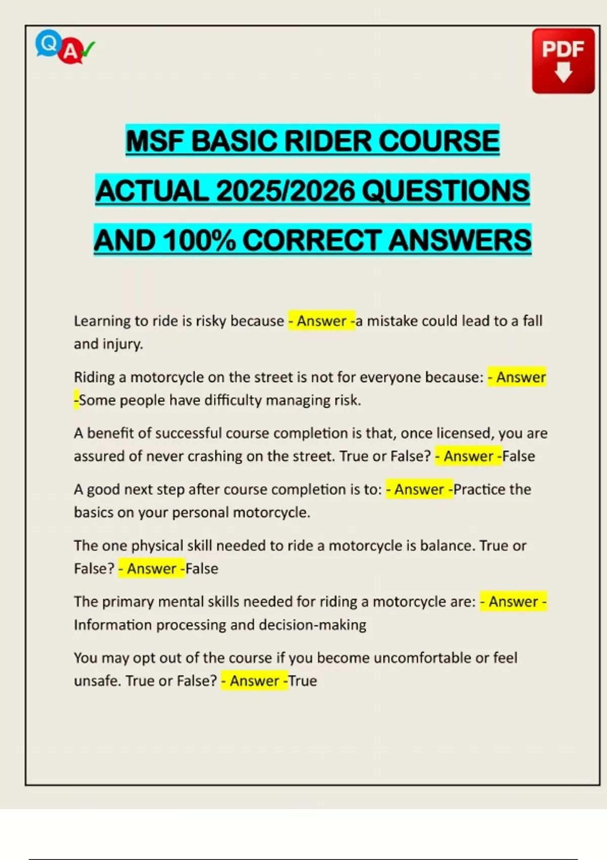 Msf Basic Rider Course Handbook Worksheet MSF BASIC RIDER COURSE ACTUAL 2025/2026 QUESTIONS AND 100% CORRECT ...
