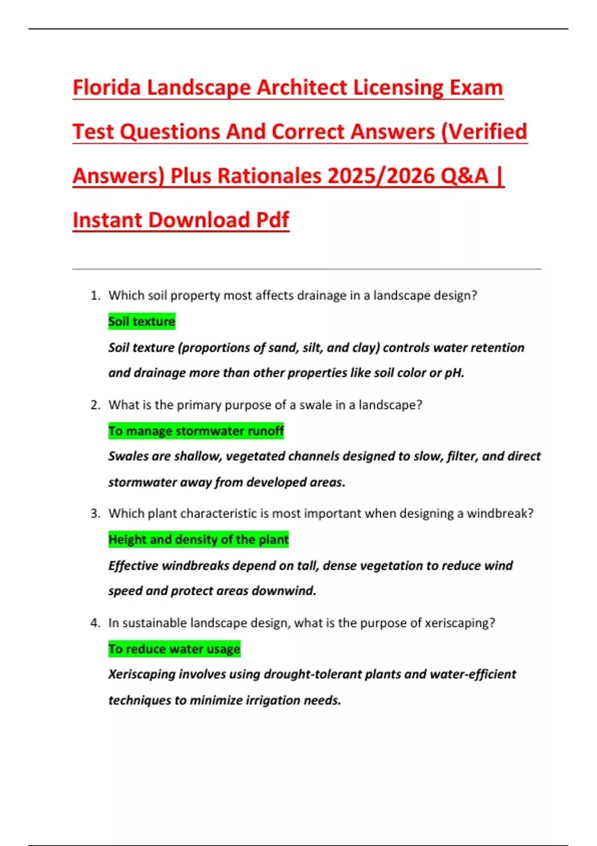 Florida Landscape Architect Licensing Exam Test Questions And Correct ...