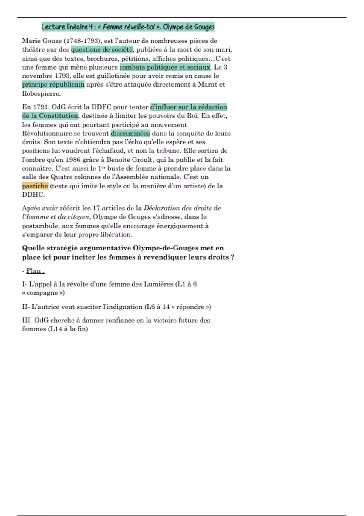 Résumé Lecture linéaire - Femme réveille-toi, Olympe de Gouges ...