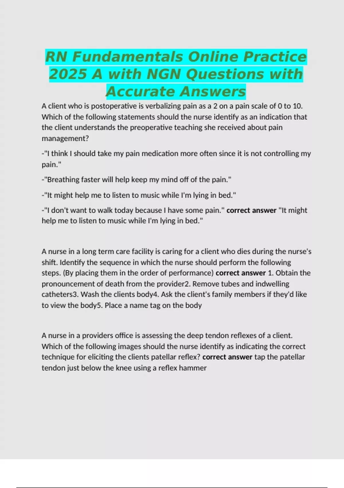 RN Fundamentals Online Practice 2025 A with NGN Questions with Accurate ...