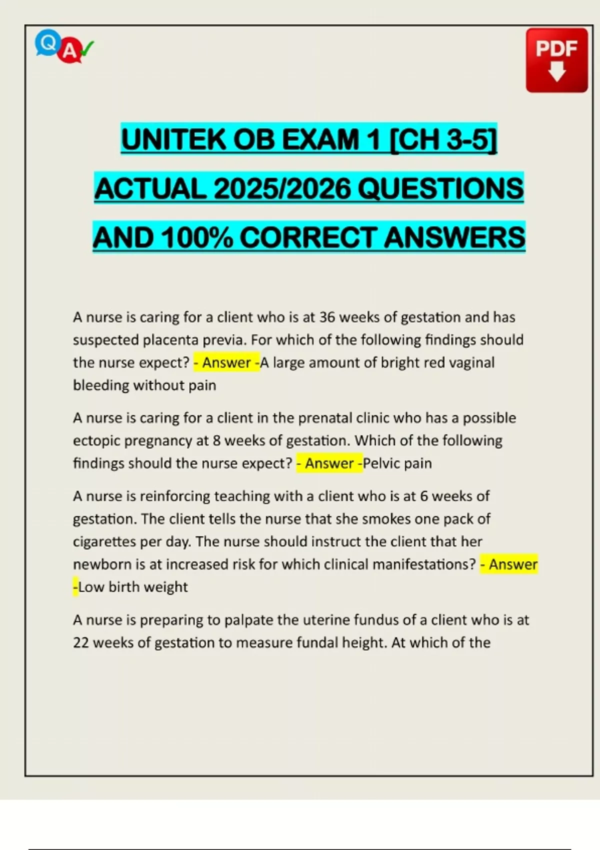 UNITEK OB EXAM 1 [CH 3-5] ACTUAL 2025/2026 QUESTIONS AND 100% CORRECT ...