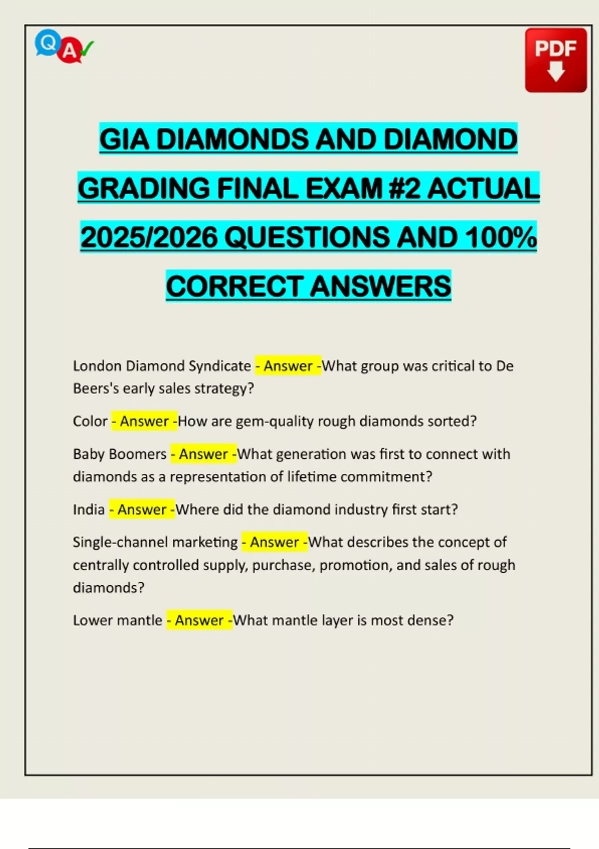 Gia Diamonds And Diamond Grading Final Exam 2 Actual 2025 2026