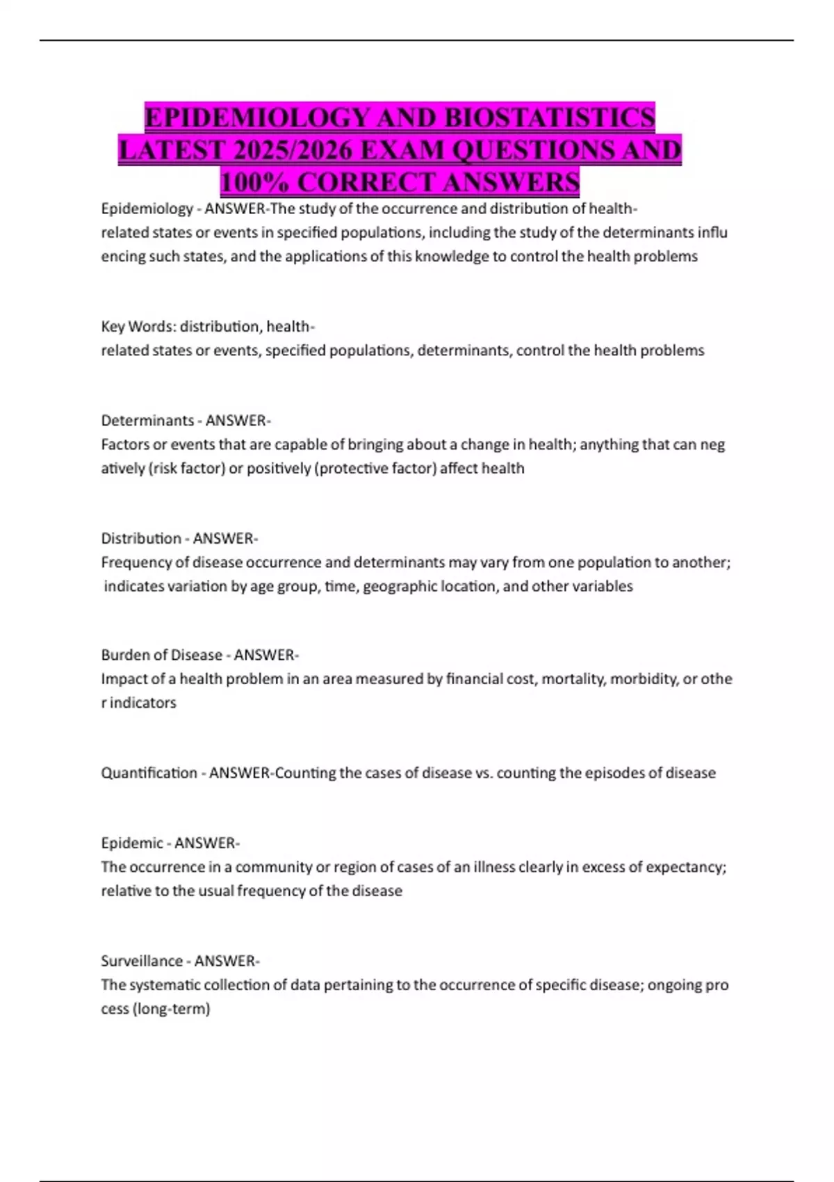 EPIDEMIOLOGY AND BIOSTATISTICS LATEST 2025/2026 EXAM QUESTIONS AND 100% ...
