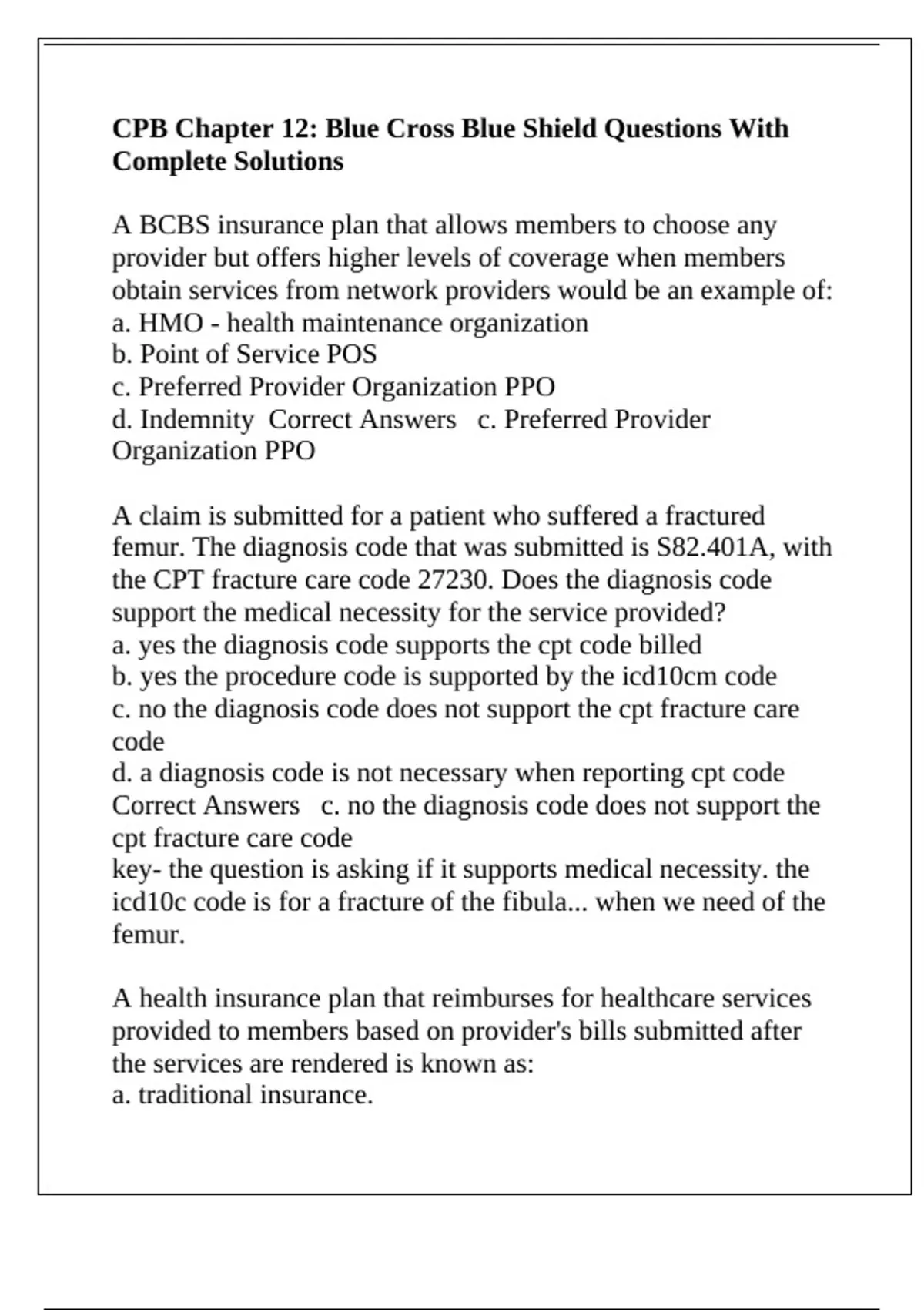 CPB Chapter 12: Blue Cross Blue Shield Questions With Complete ...