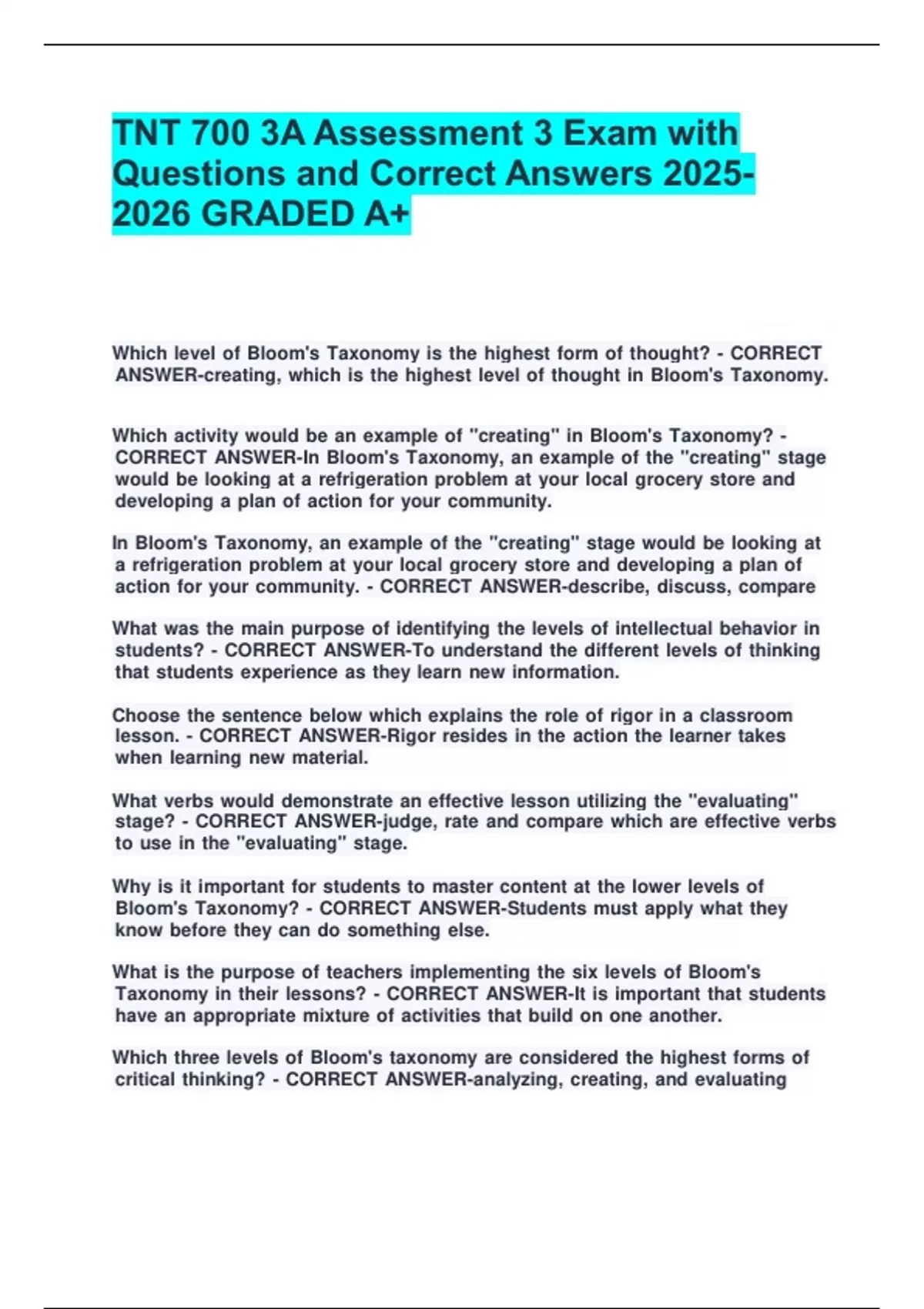 TNT 700 3A Assessment 3 Exam with Questions and Correct Answers GRADED ...