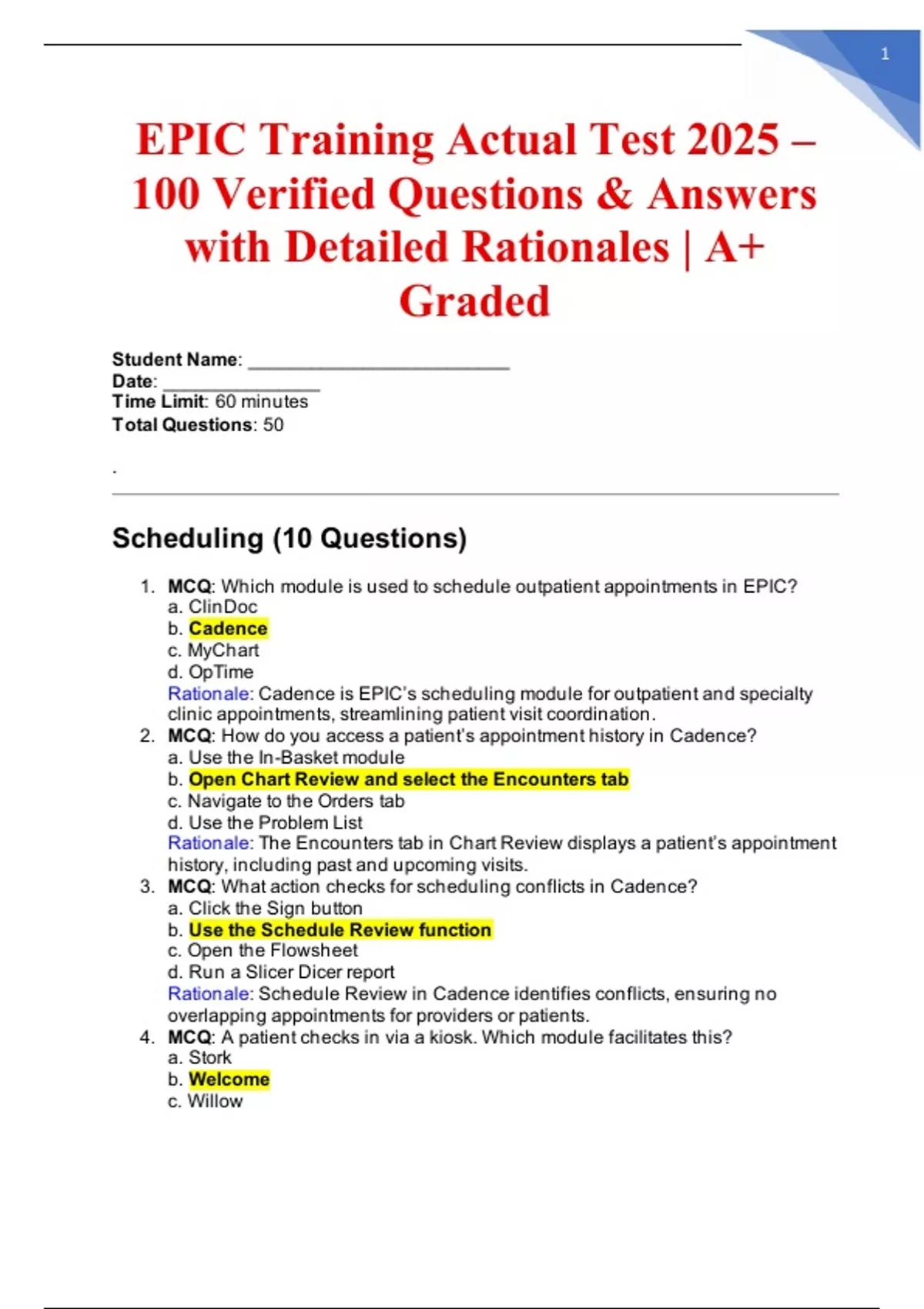 EPIC Training Actual Test 2025 – 100 Verified Questions & Answers with ...