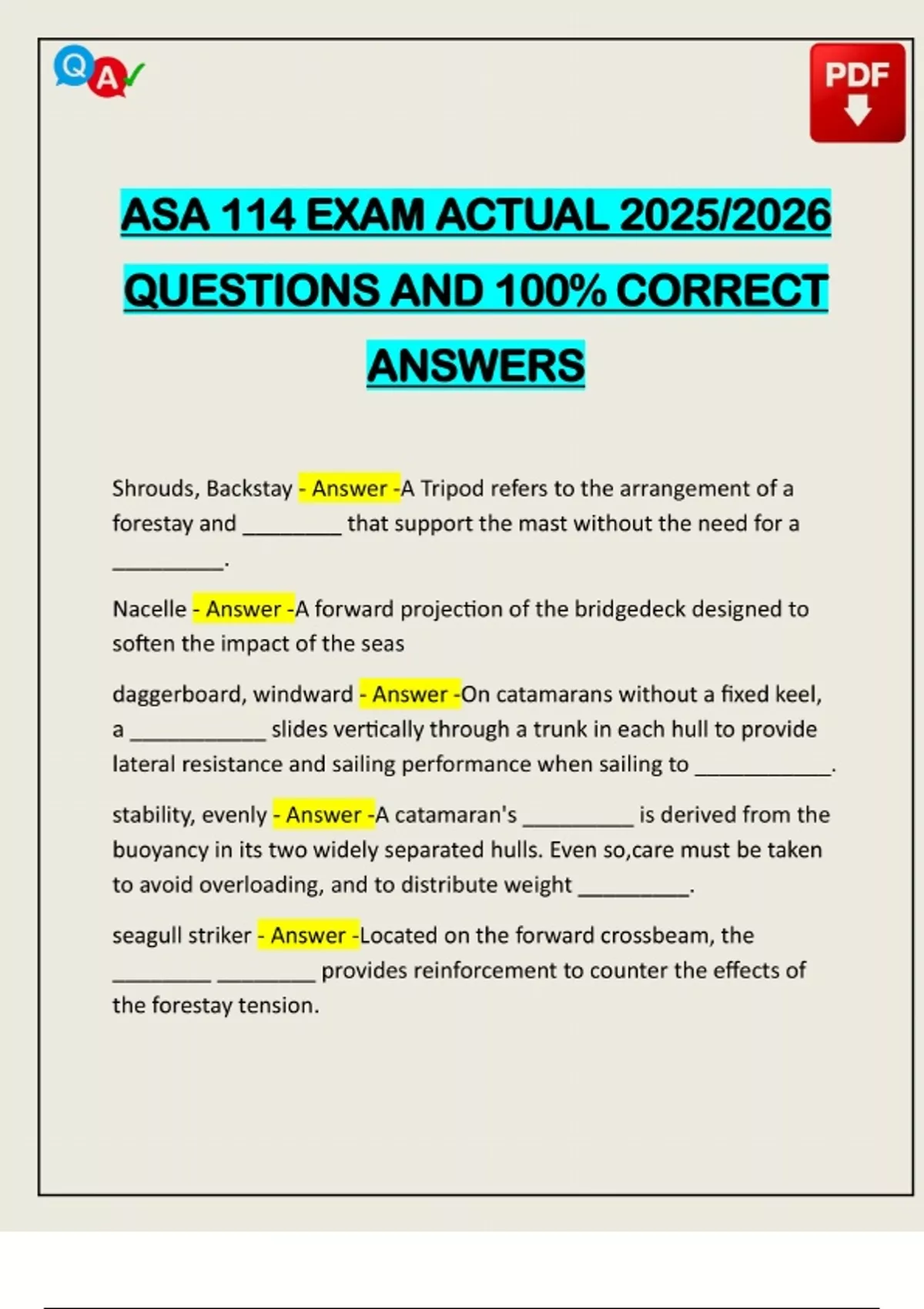 Asa Exam Path ASA 114 EXAM ACTUAL 2025/2026 QUESTIONS AND 100% CORRECT ANSWERS - ASA ...