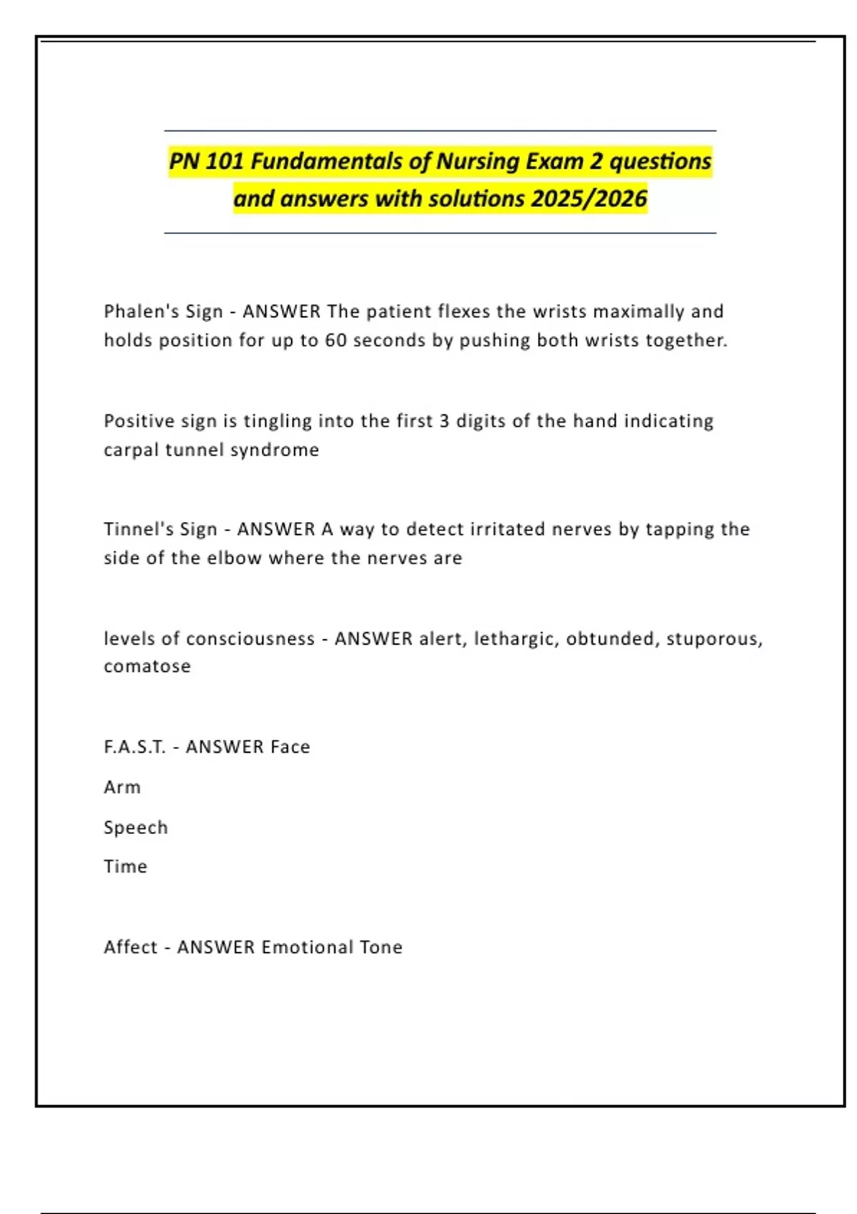 PN 101 Fundamentals of Nursing Exam 2 questions and answers with ...