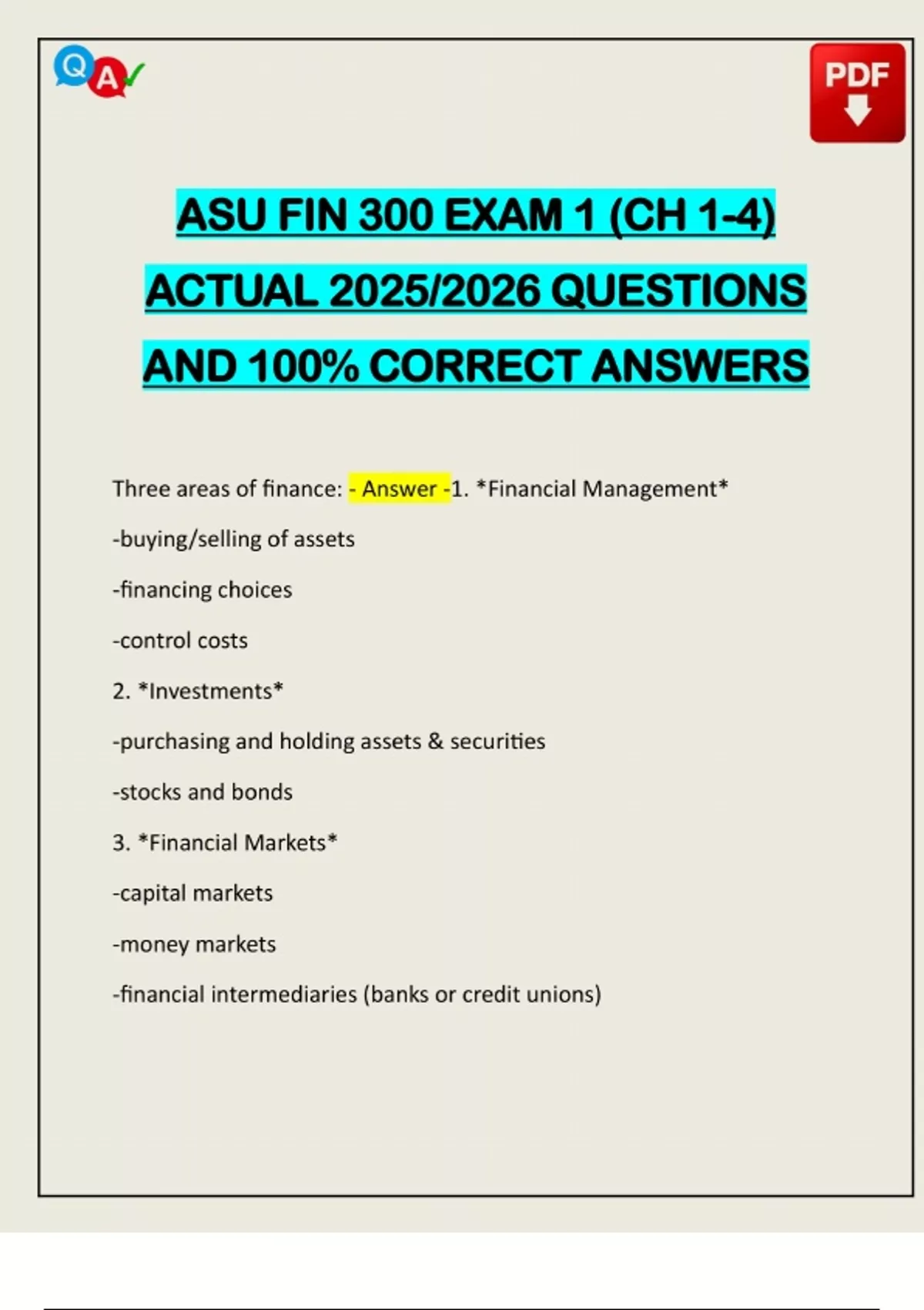ASU FIN 300 EXAM 1 (CH 1-4) ACTUAL 2025/2026 QUESTIONS AND 100% CORRECT ...