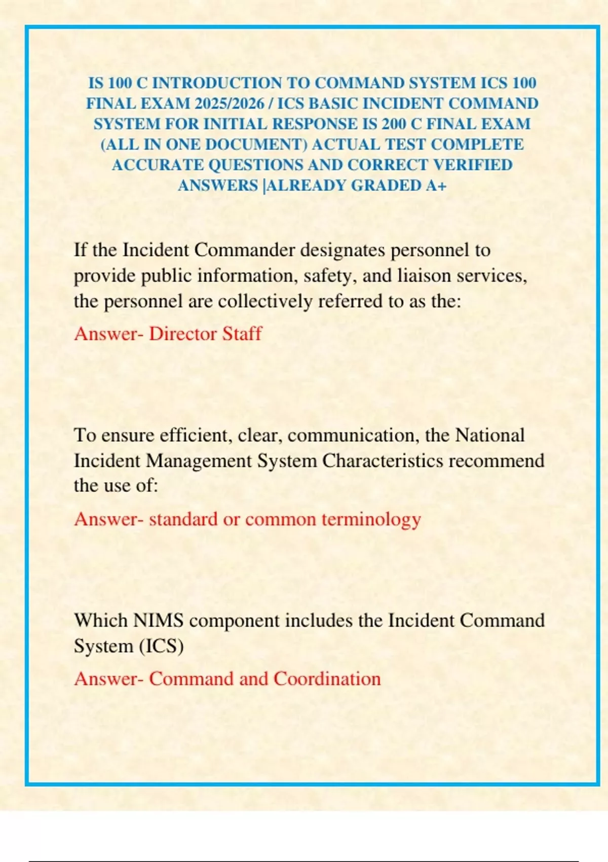 IS 100 C INTRODUCTION TO COMMAND SYSTEM ICS 100 FINAL EXAM 2025/2026 ...