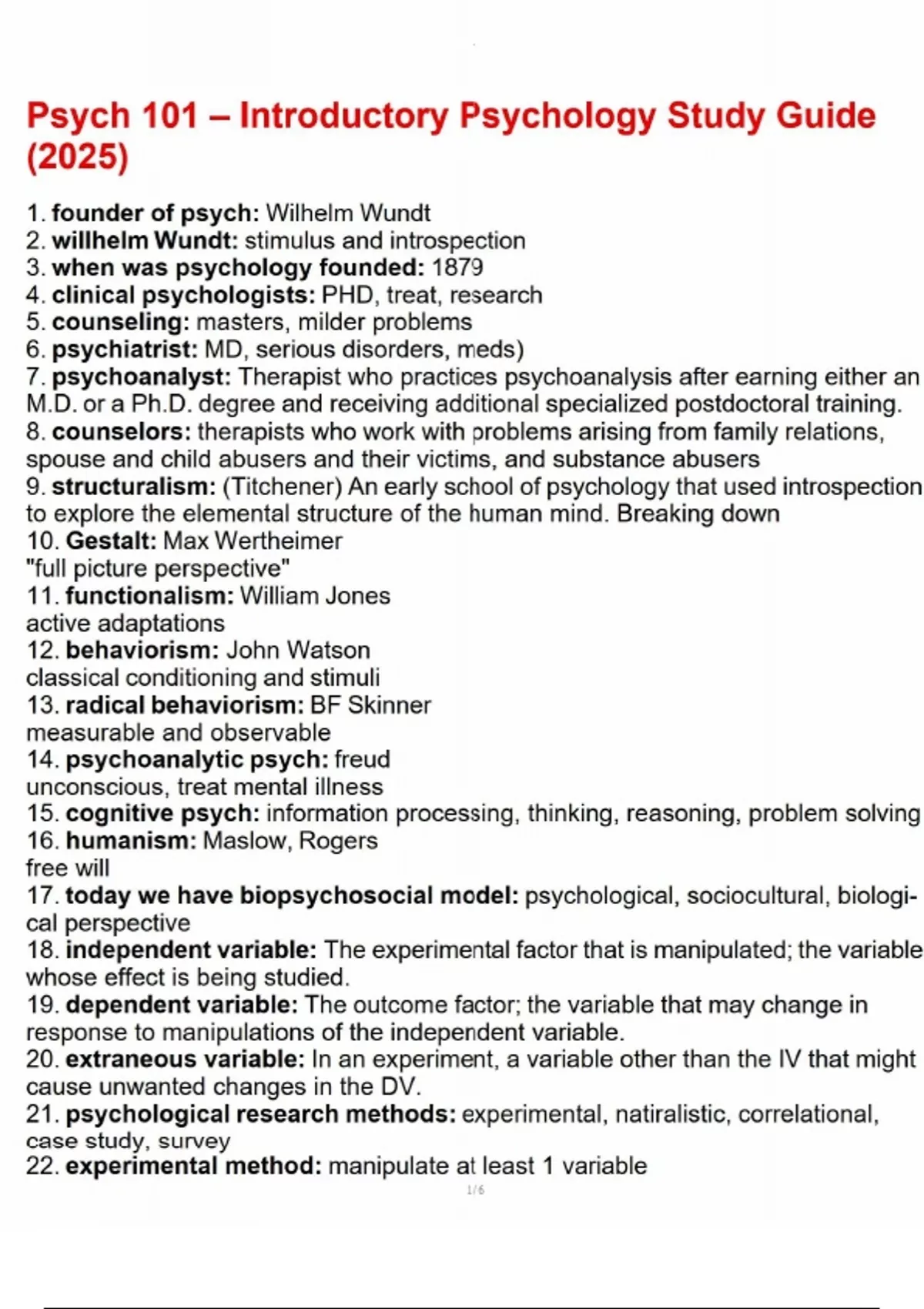 Psych 101 – Introductory Psychology Study Guide (2025).pdf - Psych 101 ...