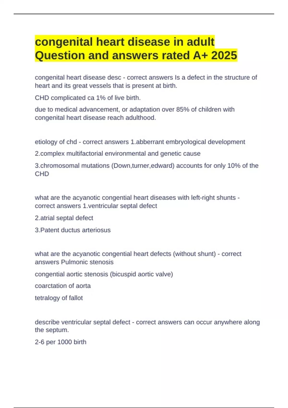congenital heart disease in adult Question and answers rated A+ 2025 ...